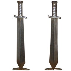 Antique Pair of Cast Iron Sword Andirons, circa 1910