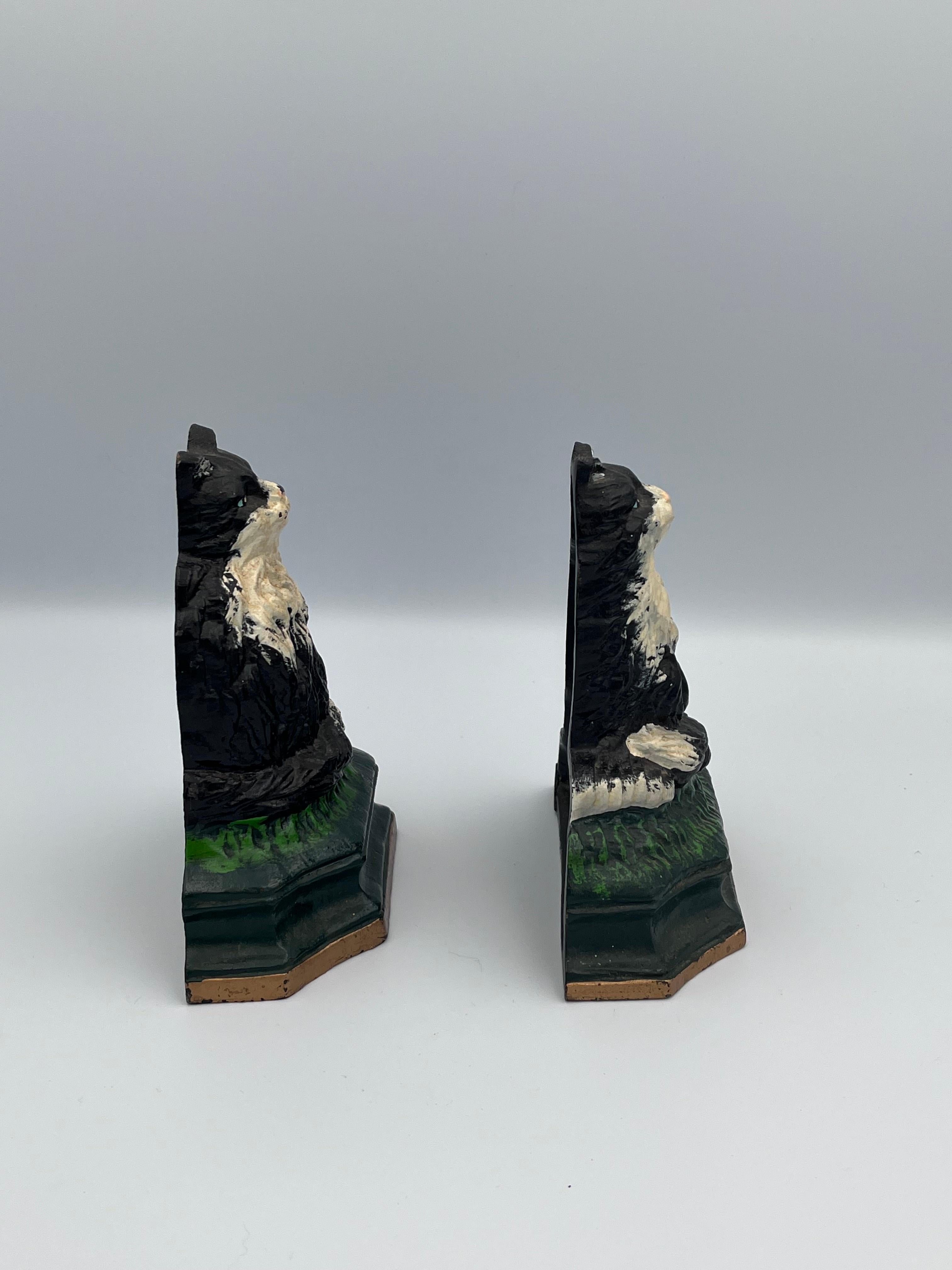 Painted Pair of Cast Iron Tuxedo Cat Bookends or Doorstops For Sale