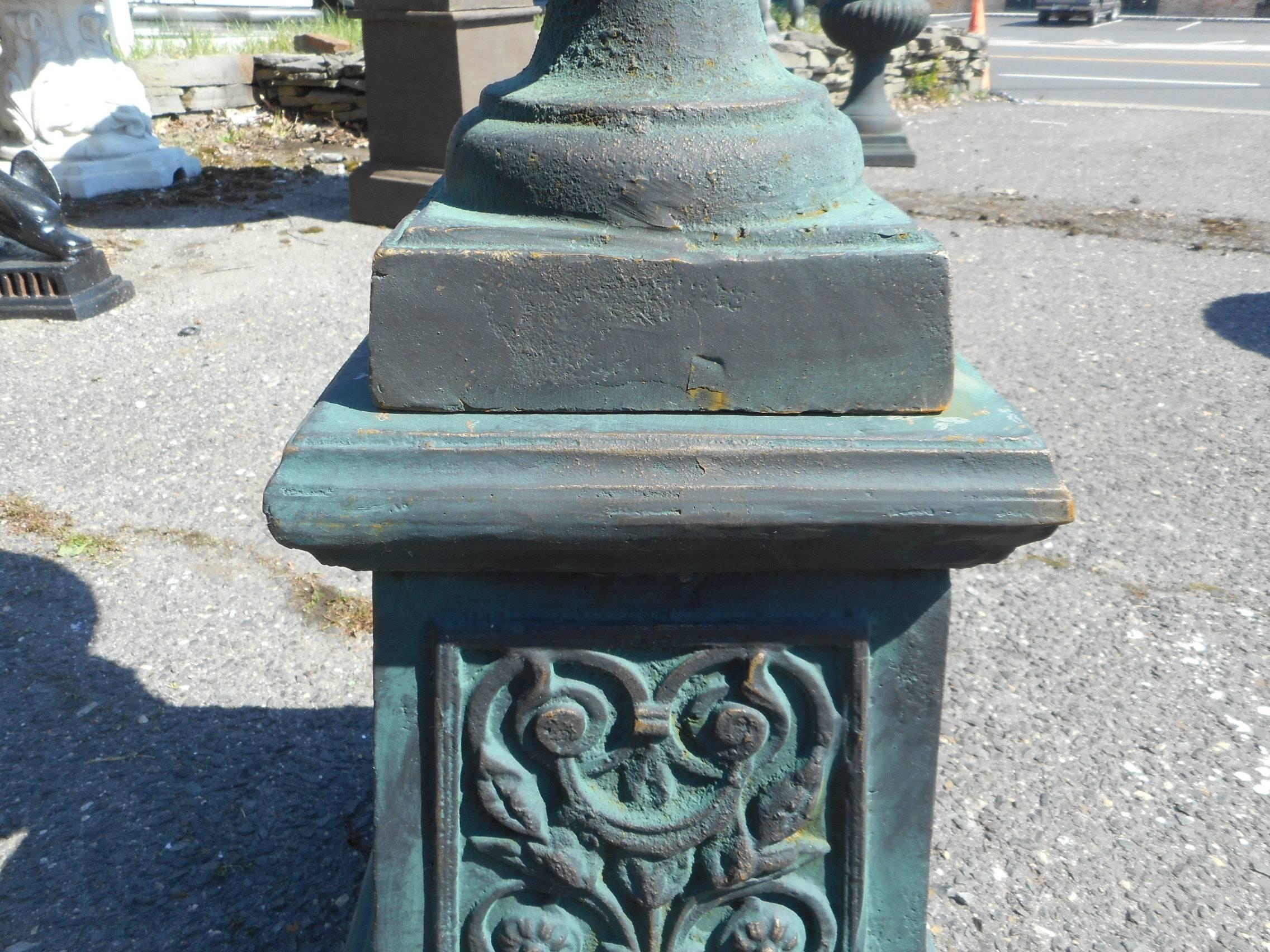 Pair of Cast Iron Urns on Pedestal Bases 5