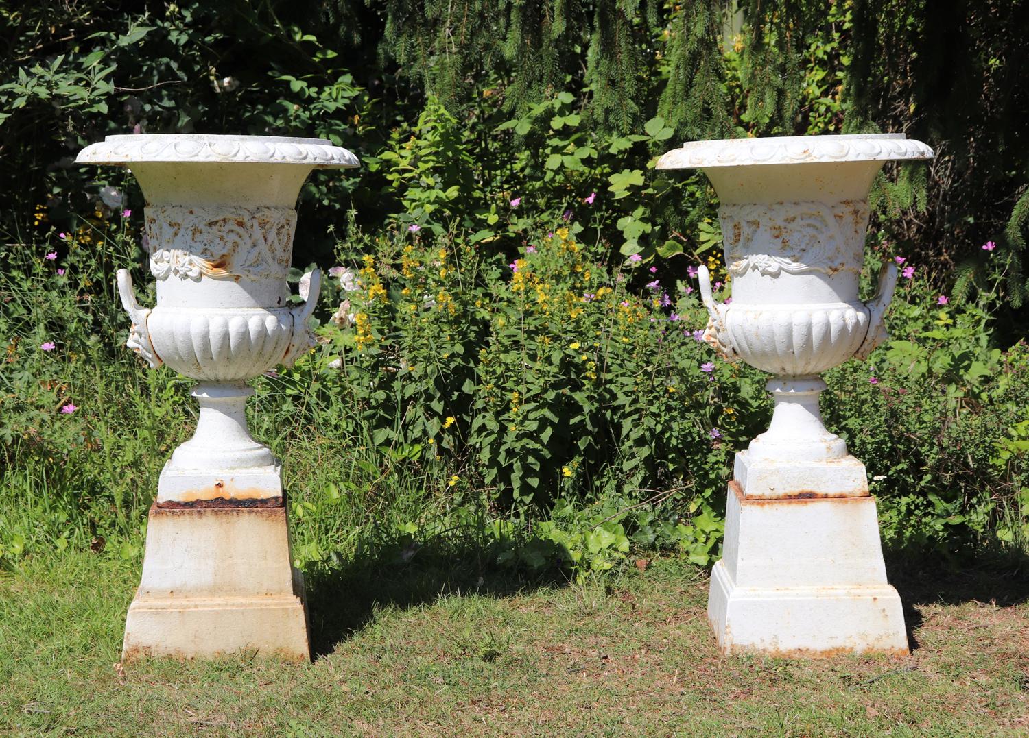 Pair of Cast Iron Urns on Plinth 2
