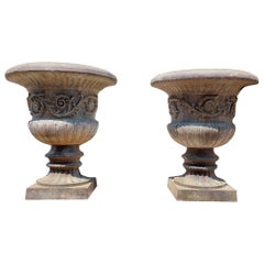 Pair of Cast Iron Vases, Vintage Style with Floral Motifs