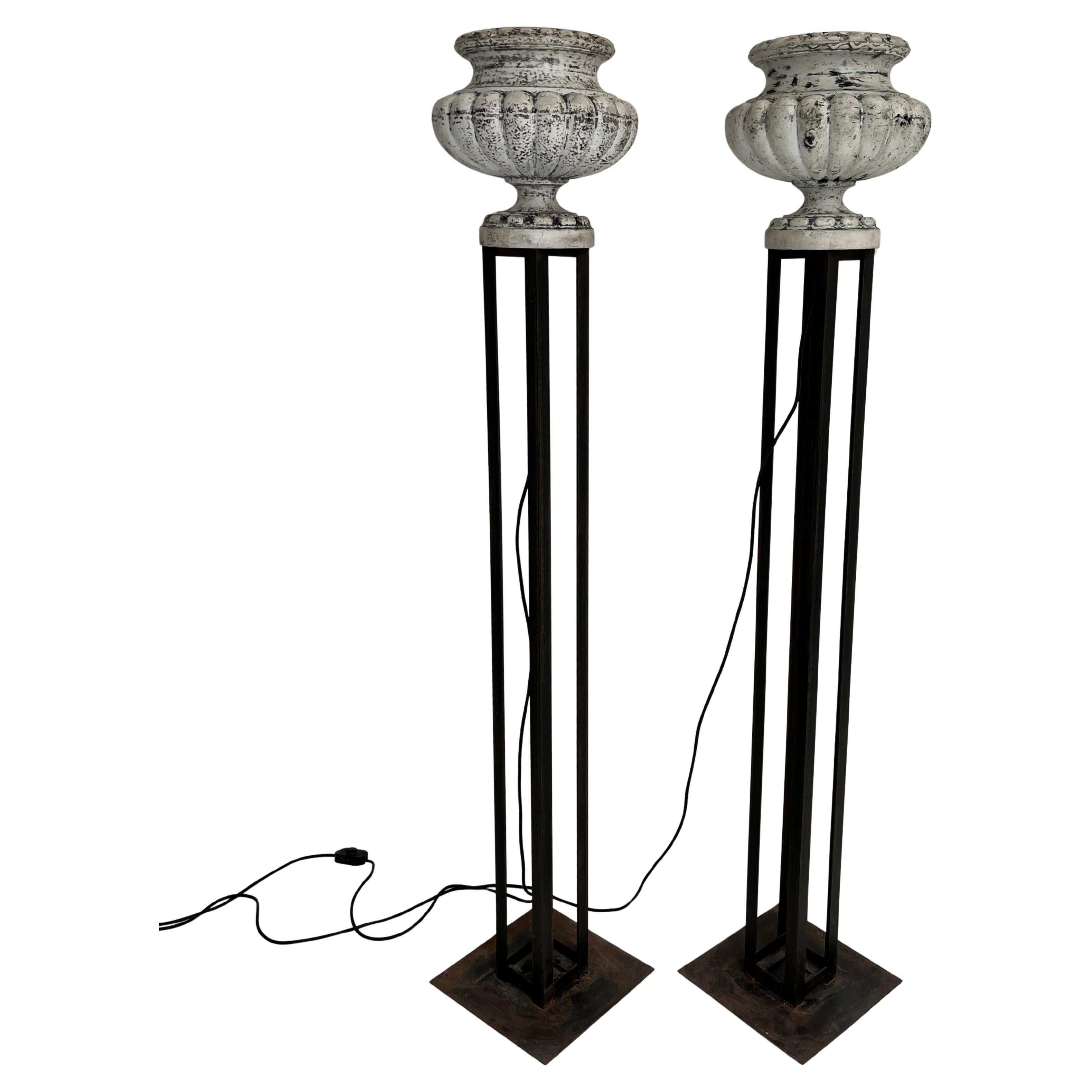 Pair of Cast Iron Vases Floor Lamp For Sale