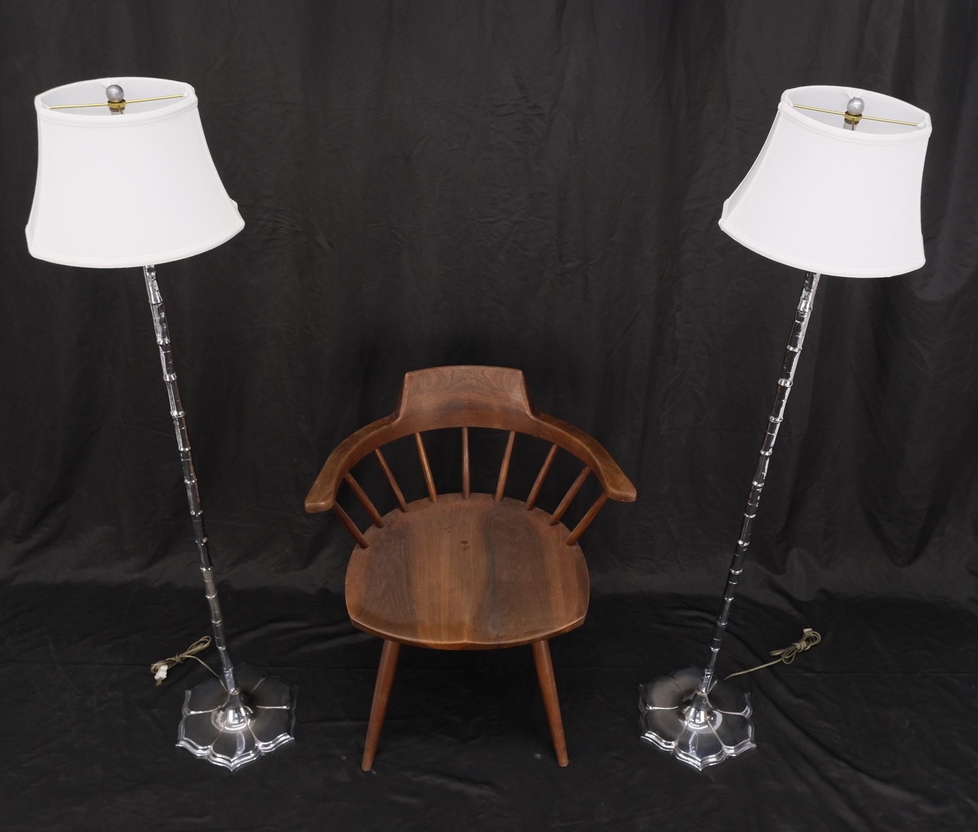 Pair of Cast Lotus Shape Bases Chrome Faux Bamboo Mid-Century Modern Floor Lamps For Sale 4