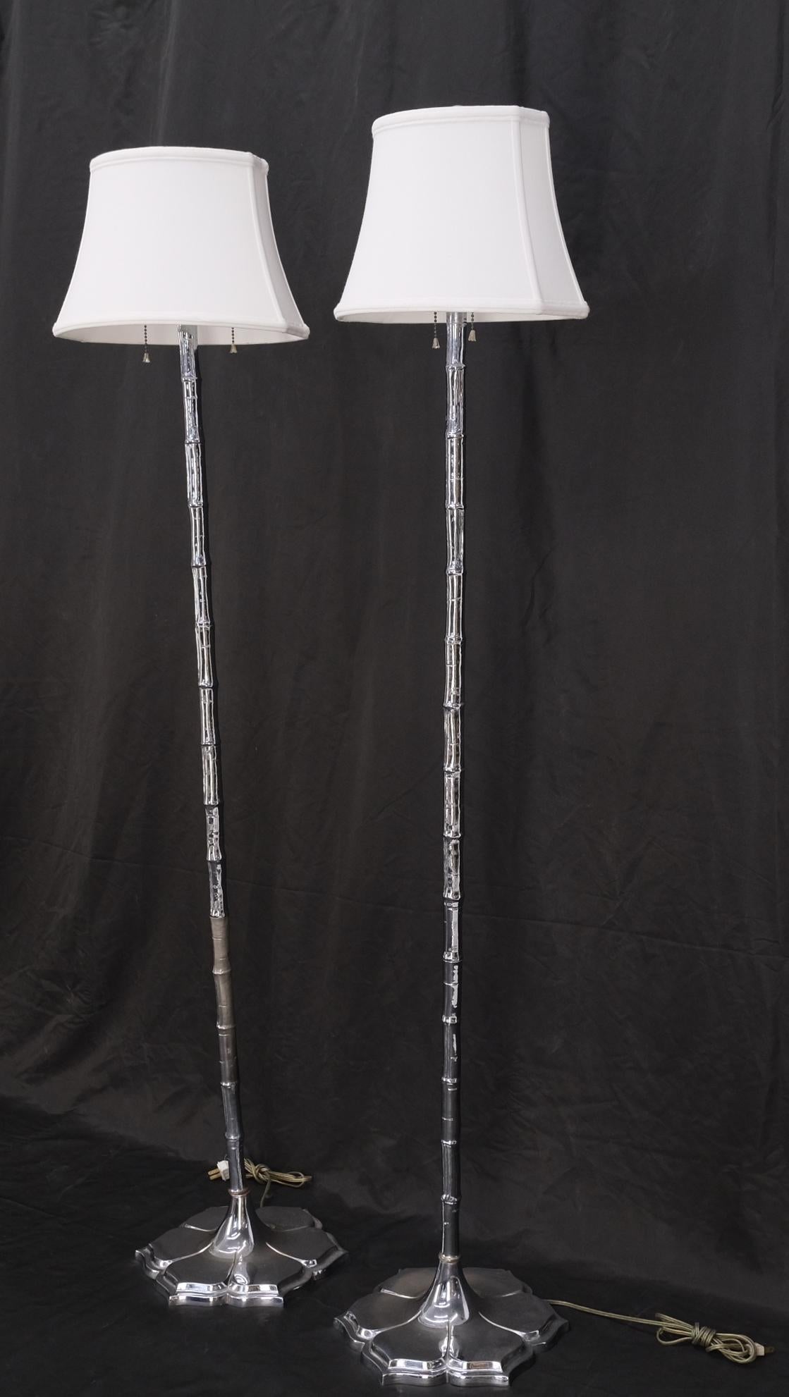 Pair of Cast Lotus Shape Bases Chrome Faux Bamboo Mid-Century Modern Floor Lamps For Sale 5