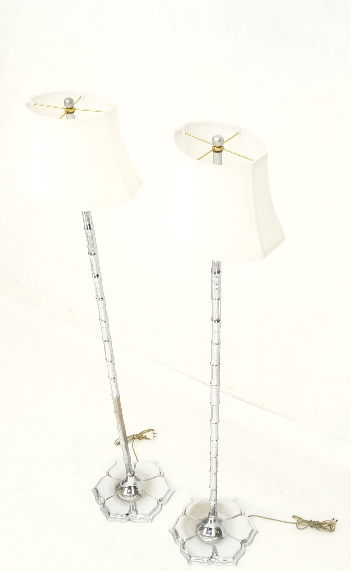 Pair of cast lotus shape bases chrome faux bamboo Mid-Century Modern floor lamps torcheres.