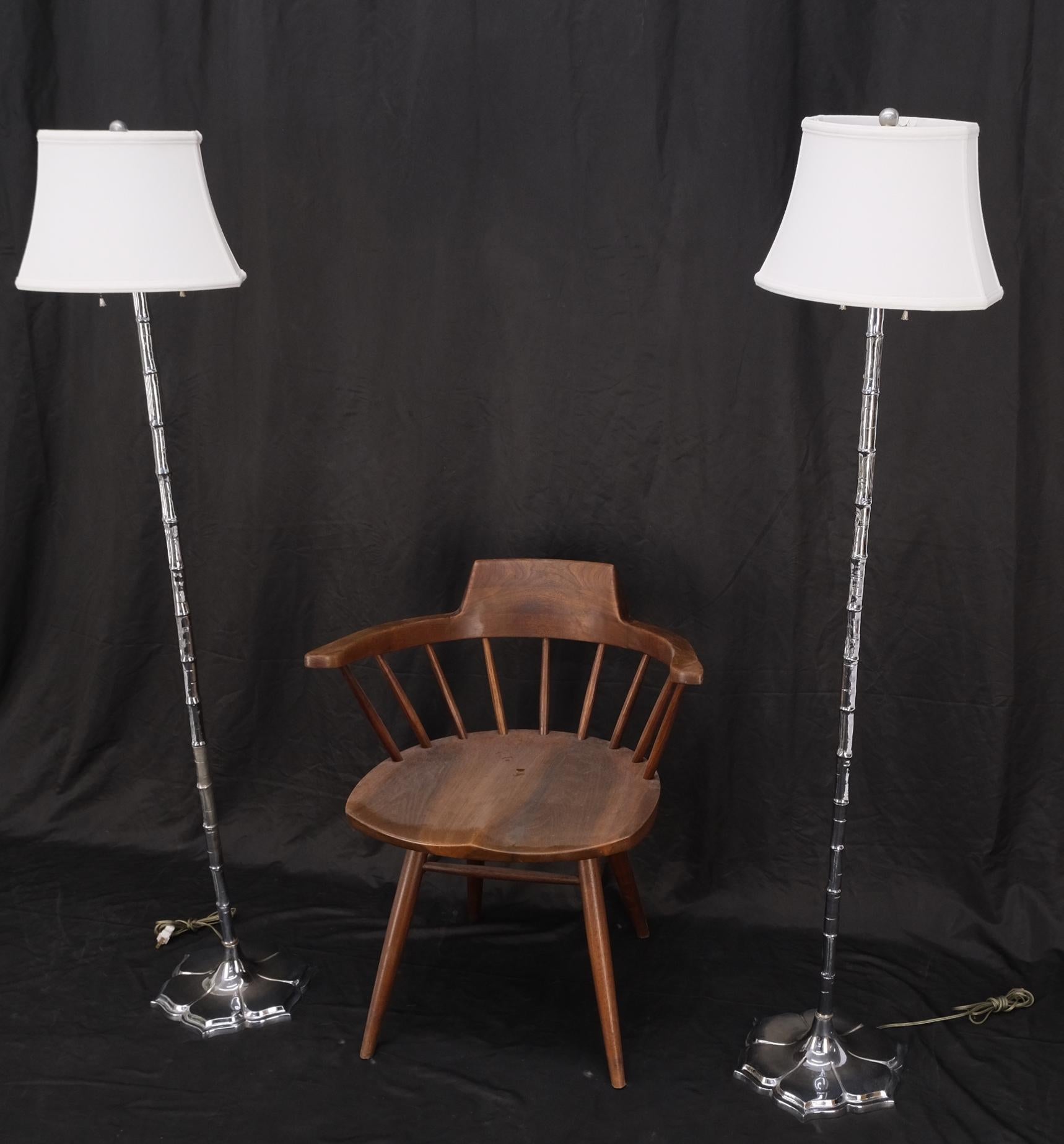 Pair of Cast Lotus Shape Bases Chrome Faux Bamboo Mid-Century Modern Floor Lamps For Sale 2