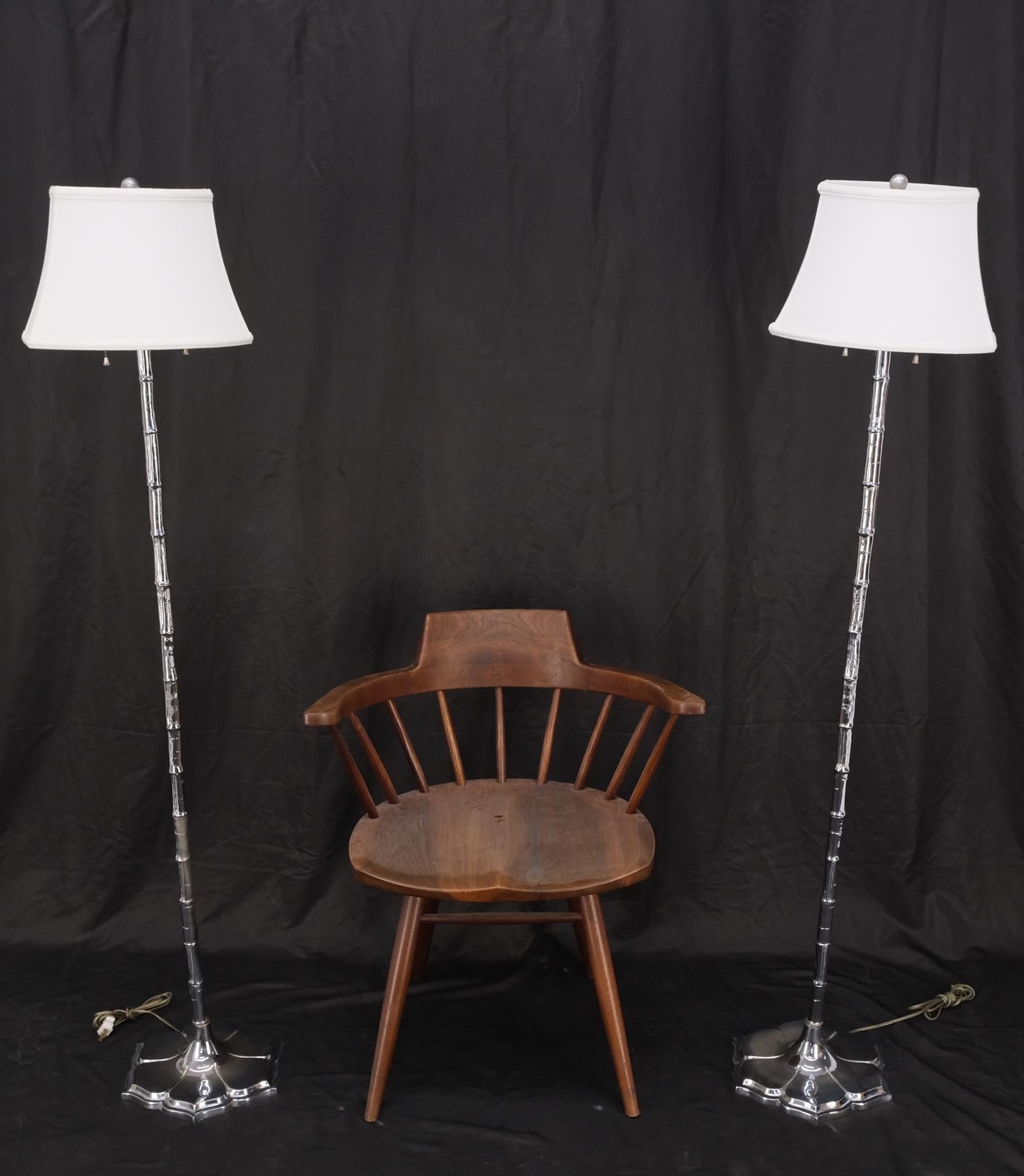 Pair of Cast Lotus Shape Bases Chrome Faux Bamboo Mid-Century Modern Floor Lamps For Sale 3