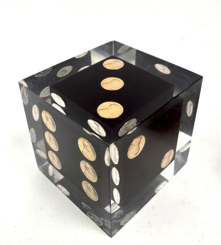 Mid-Century Modern Pair of Cast Lucite Dice Cubes with Copper Pennies