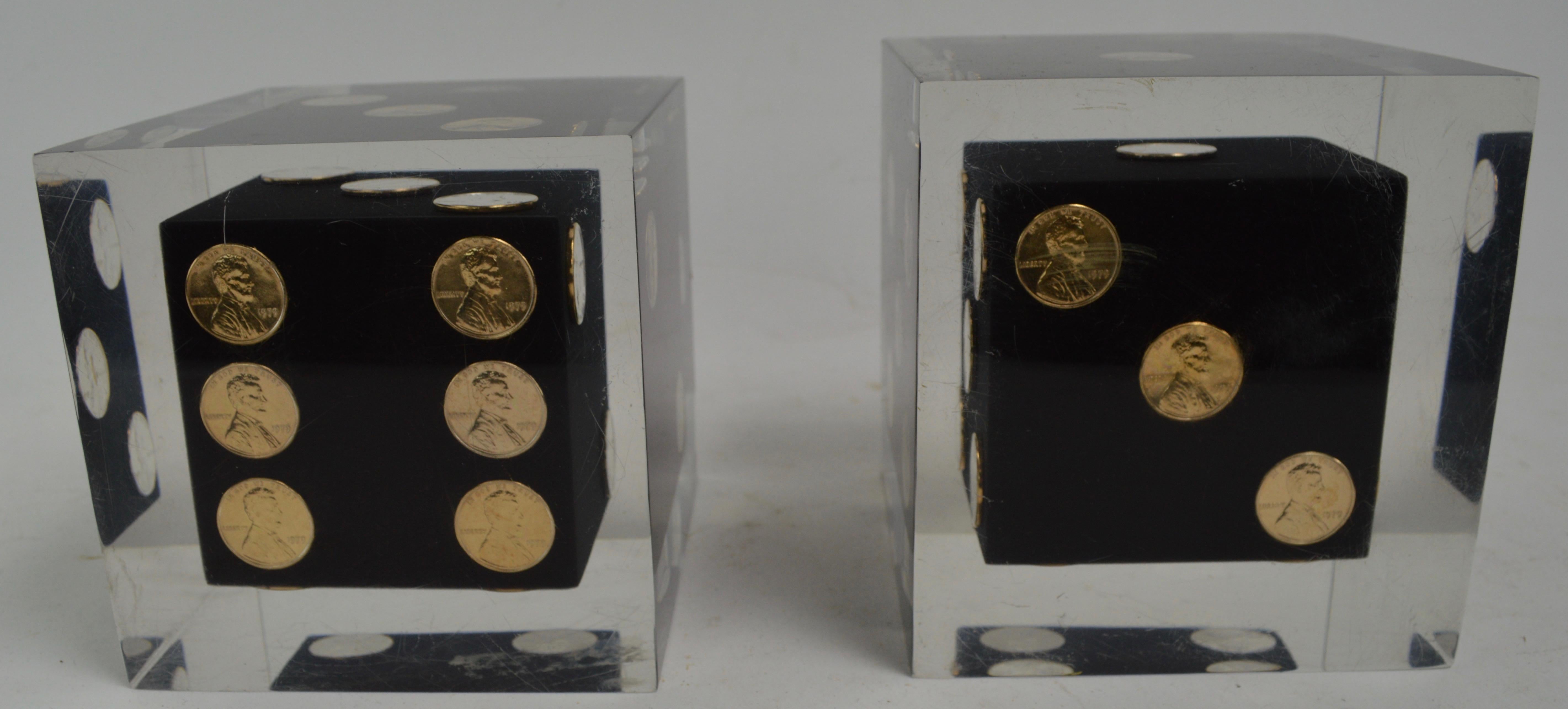 American Pair of Cast Lucite Dice Cubes with Copper Pennies