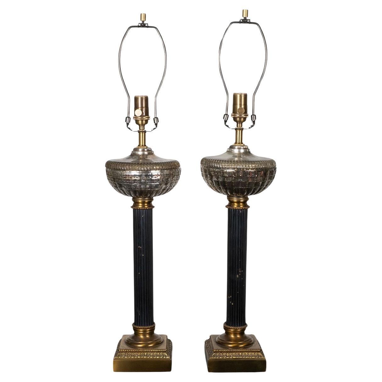 Pair of cast mercury glass columnar table lamps