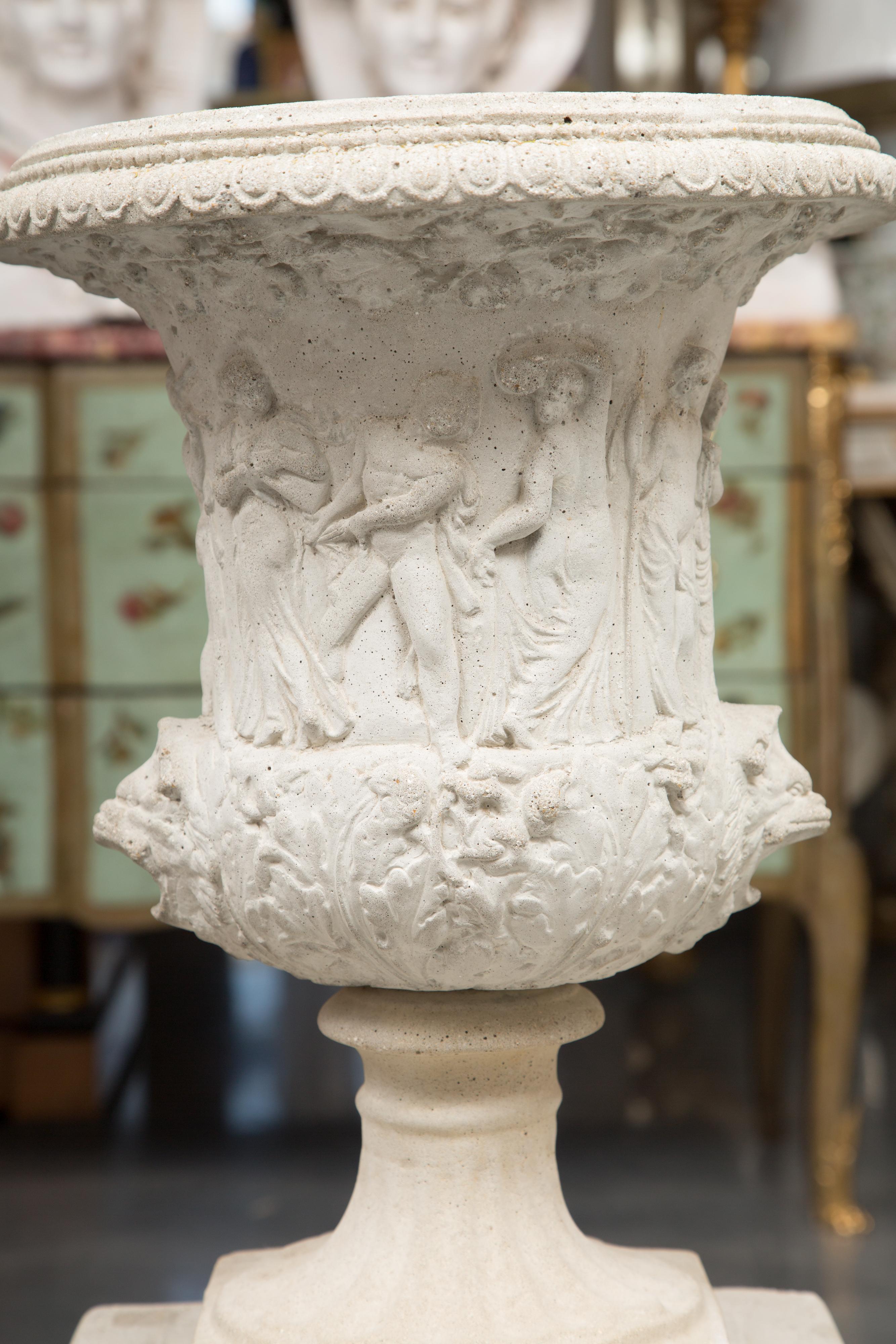 Pair of Cast Neoclassical Urns on Plinths 3