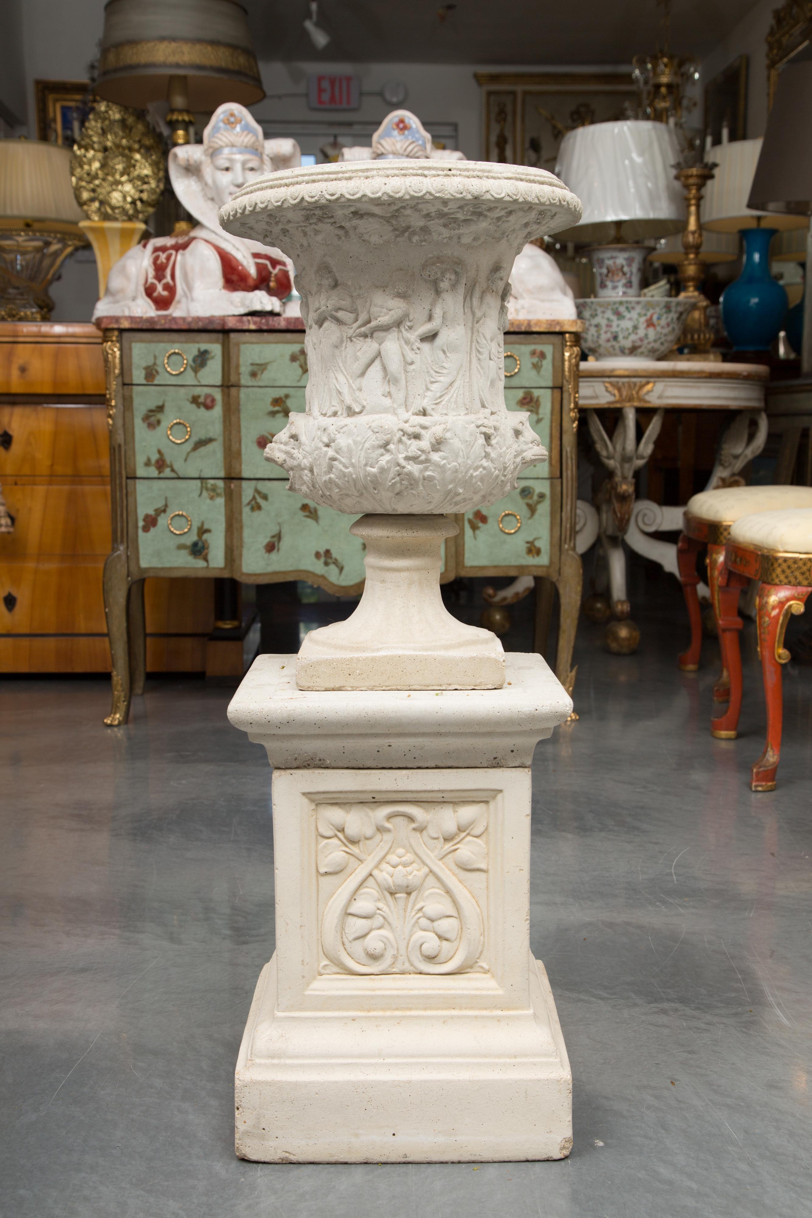 Pair of Cast Neoclassical Urns on Plinths 4