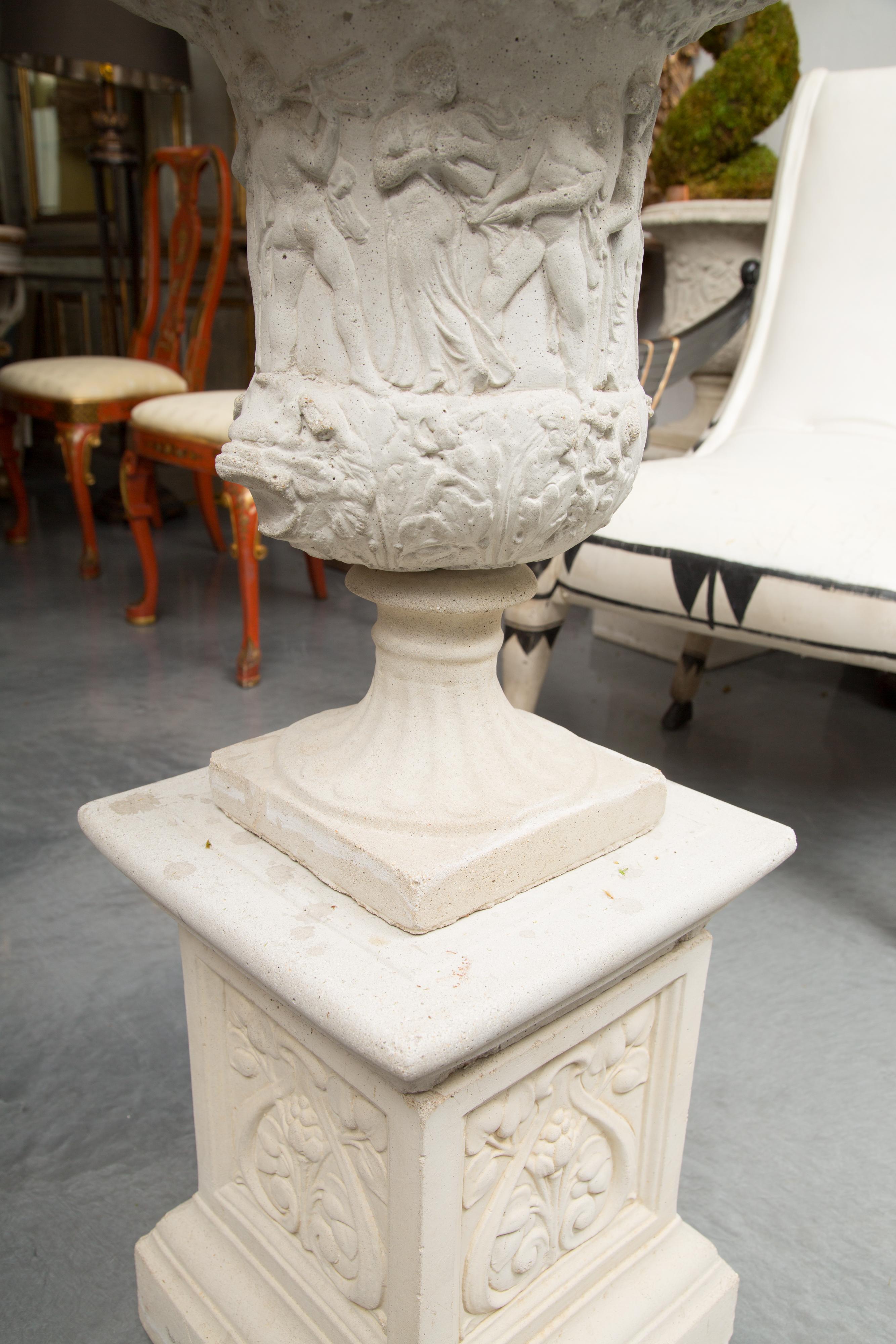 Unknown Pair of Cast Neoclassical Urns on Plinths