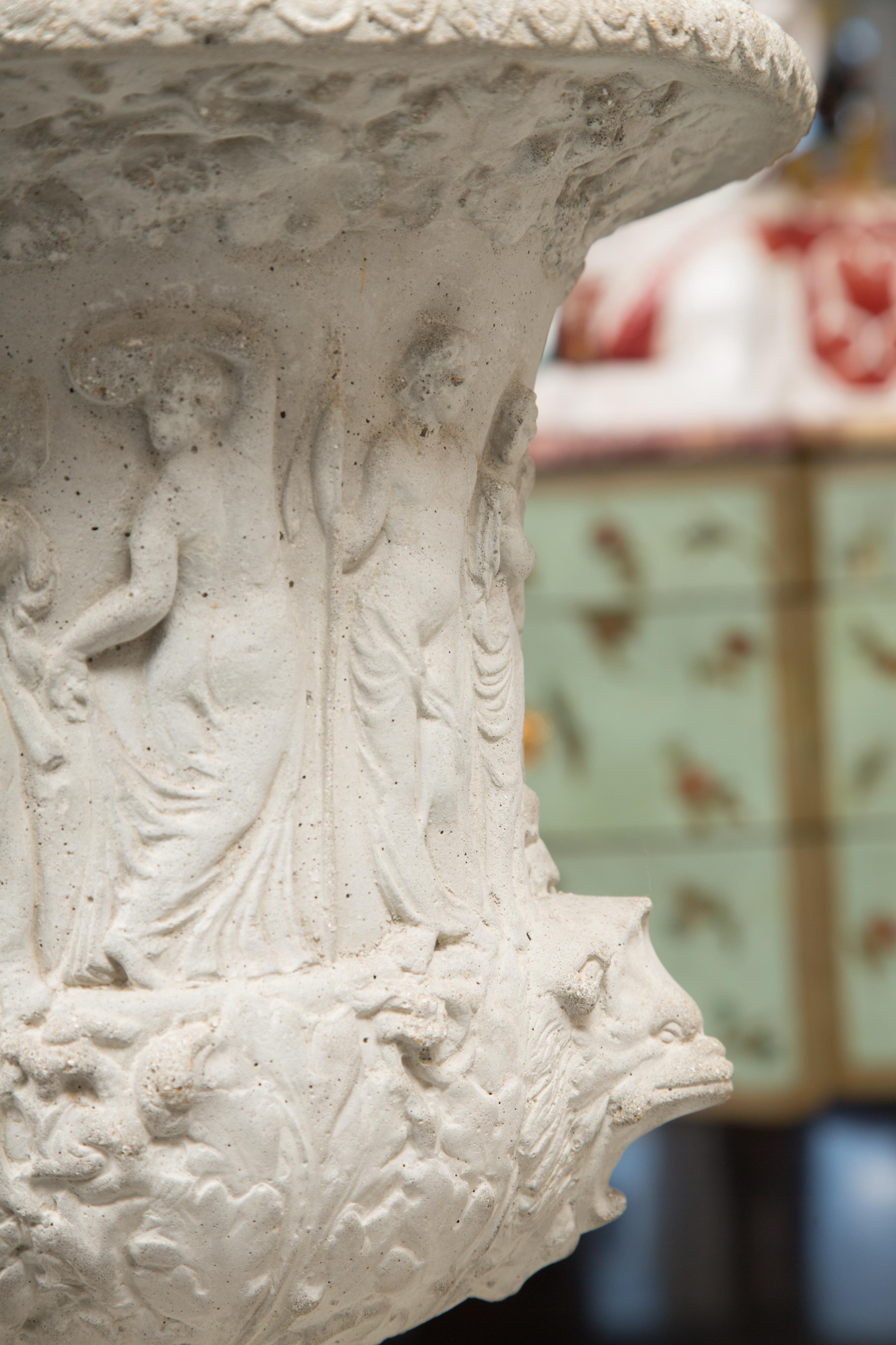 Hand-Crafted Pair of Cast Neoclassical Urns on Plinths