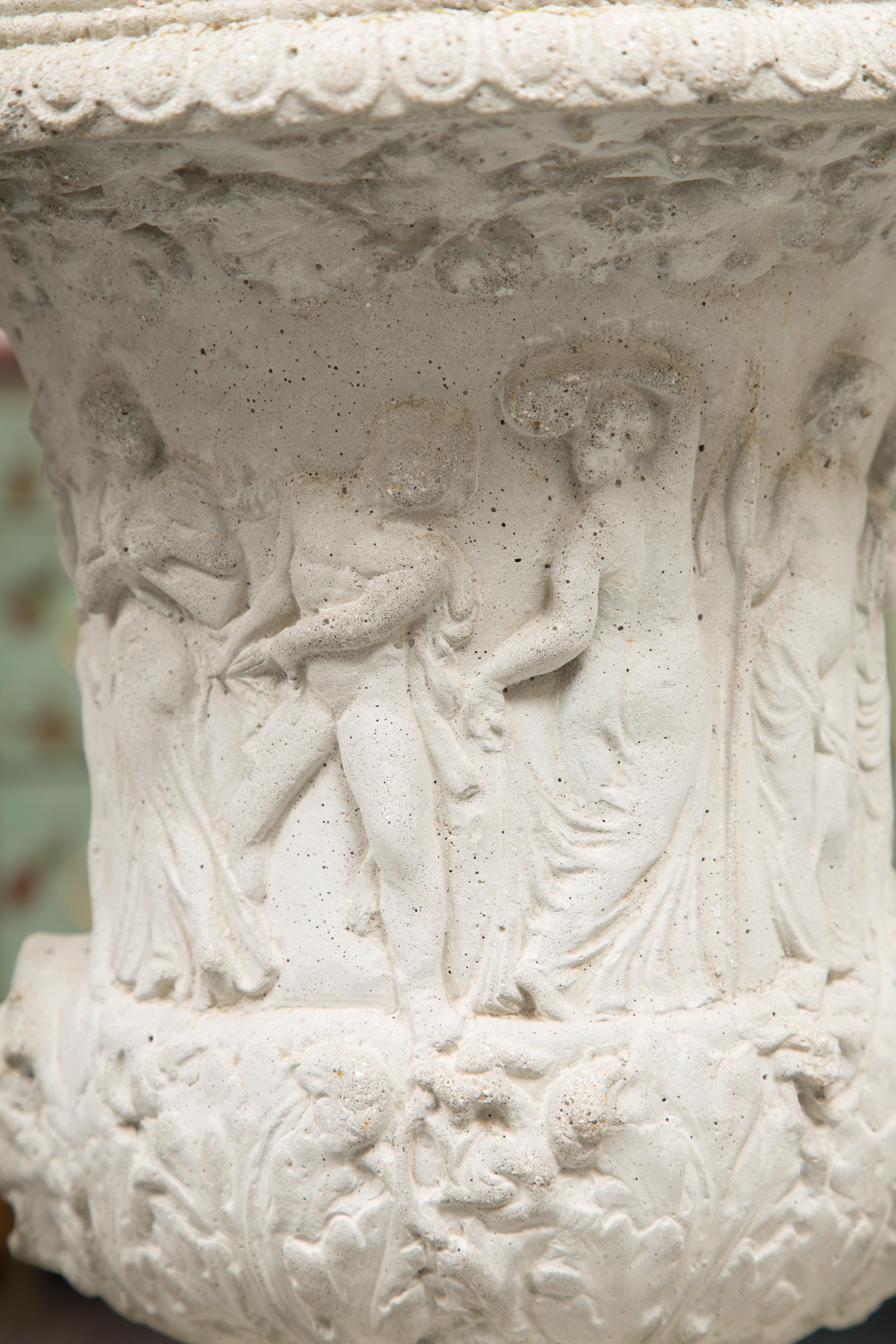 Pair of Cast Neoclassical Urns on Plinths In Good Condition In WEST PALM BEACH, FL
