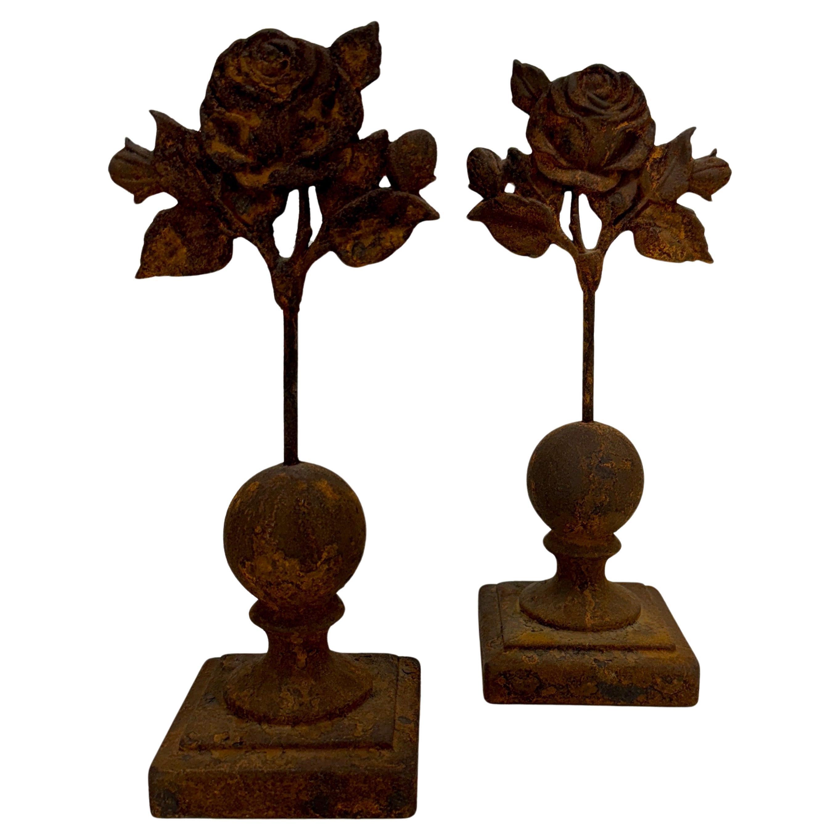 American Pair of Cast of Iron Architectural Roses on Square Base For Sale