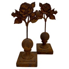 Vintage Pair of Cast of Iron Architectural Roses on Square Base