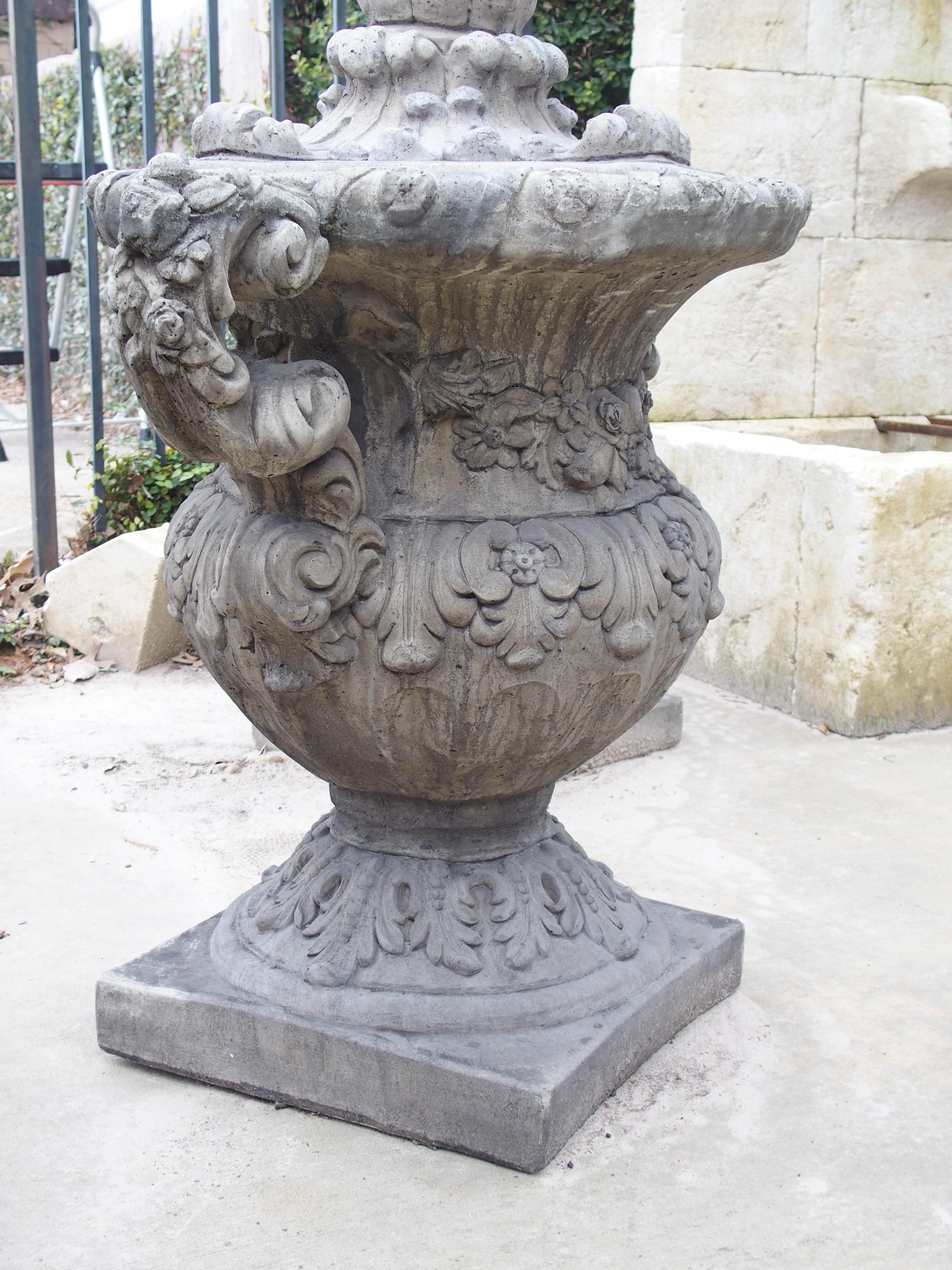 Pair of Cast Renaissance Style Lidded Outdoor Vases from France 4