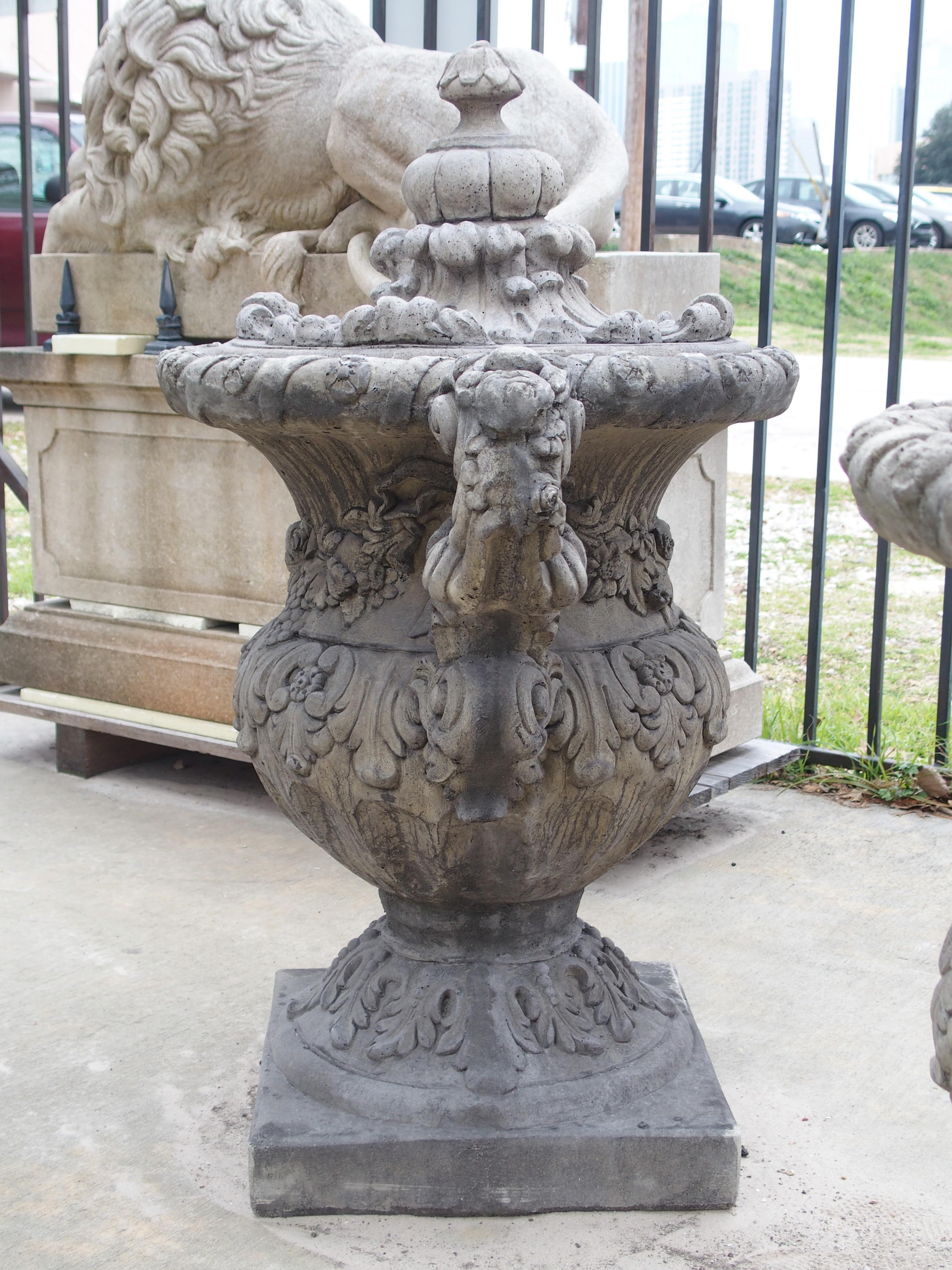 Pair of Cast Renaissance Style Lidded Outdoor Vases from France 6