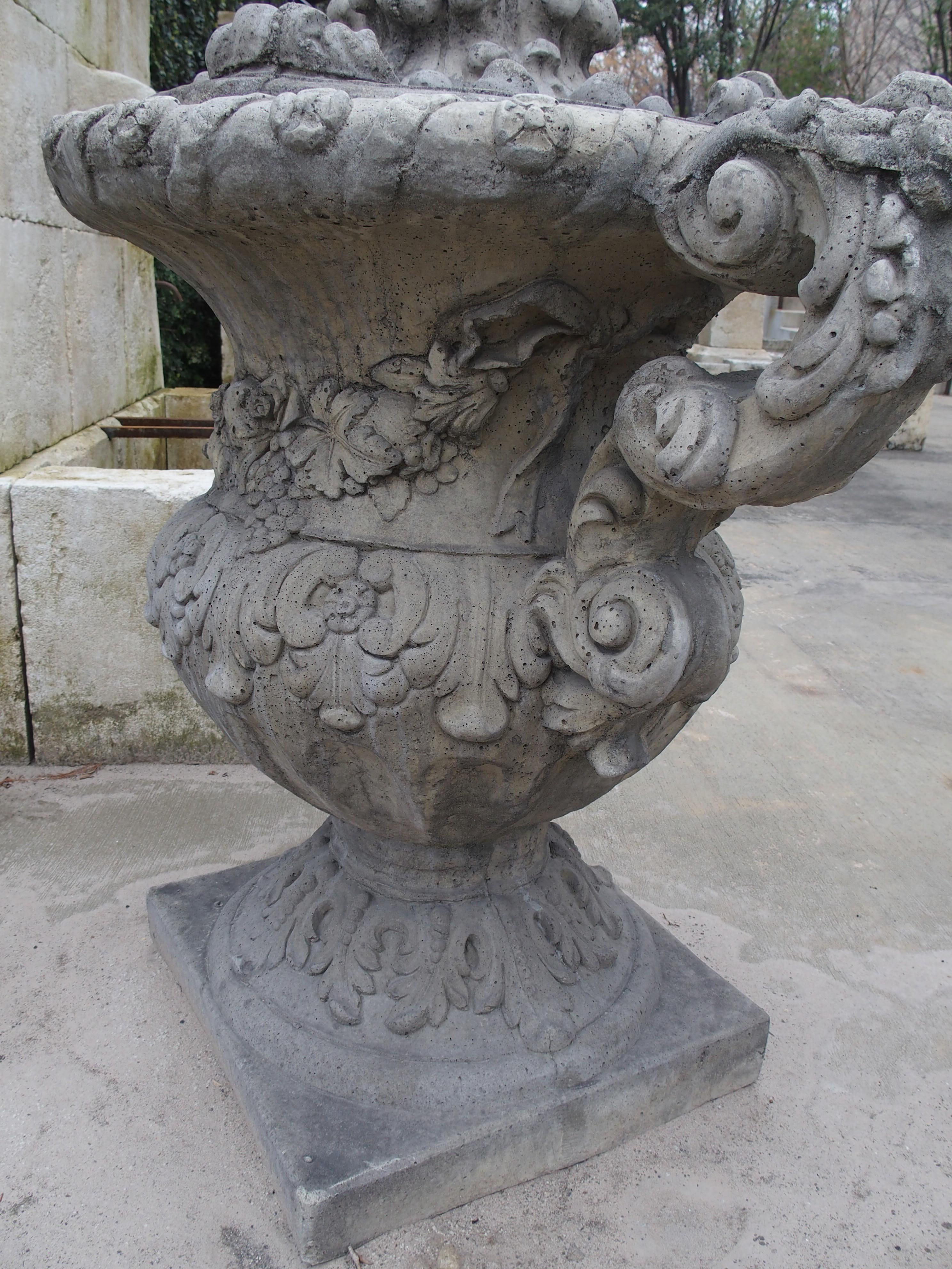 Pair of Cast Renaissance Style Lidded Outdoor Vases from France In Good Condition In Dallas, TX