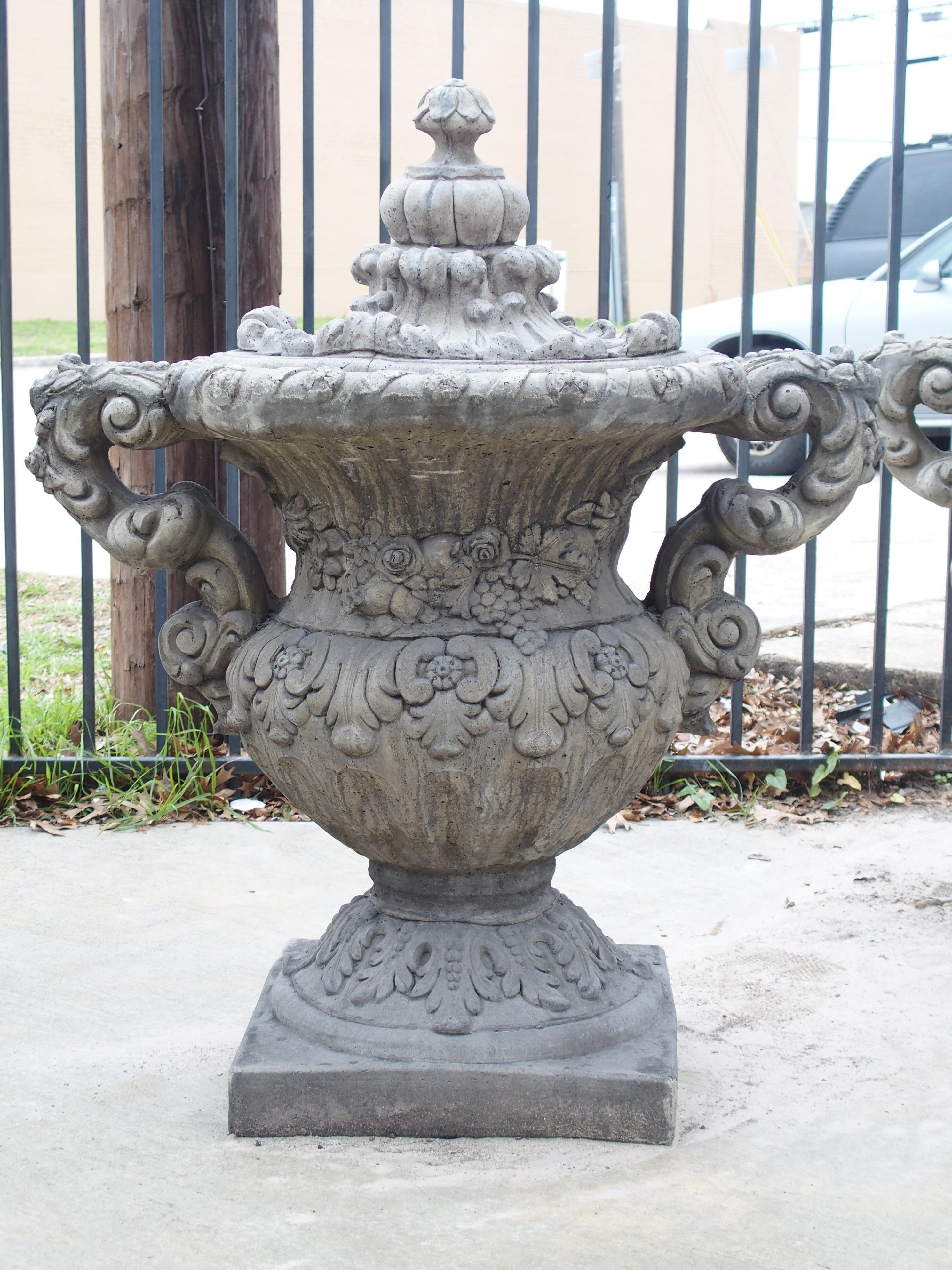 Cast Stone Pair of Cast Renaissance Style Lidded Outdoor Vases from France