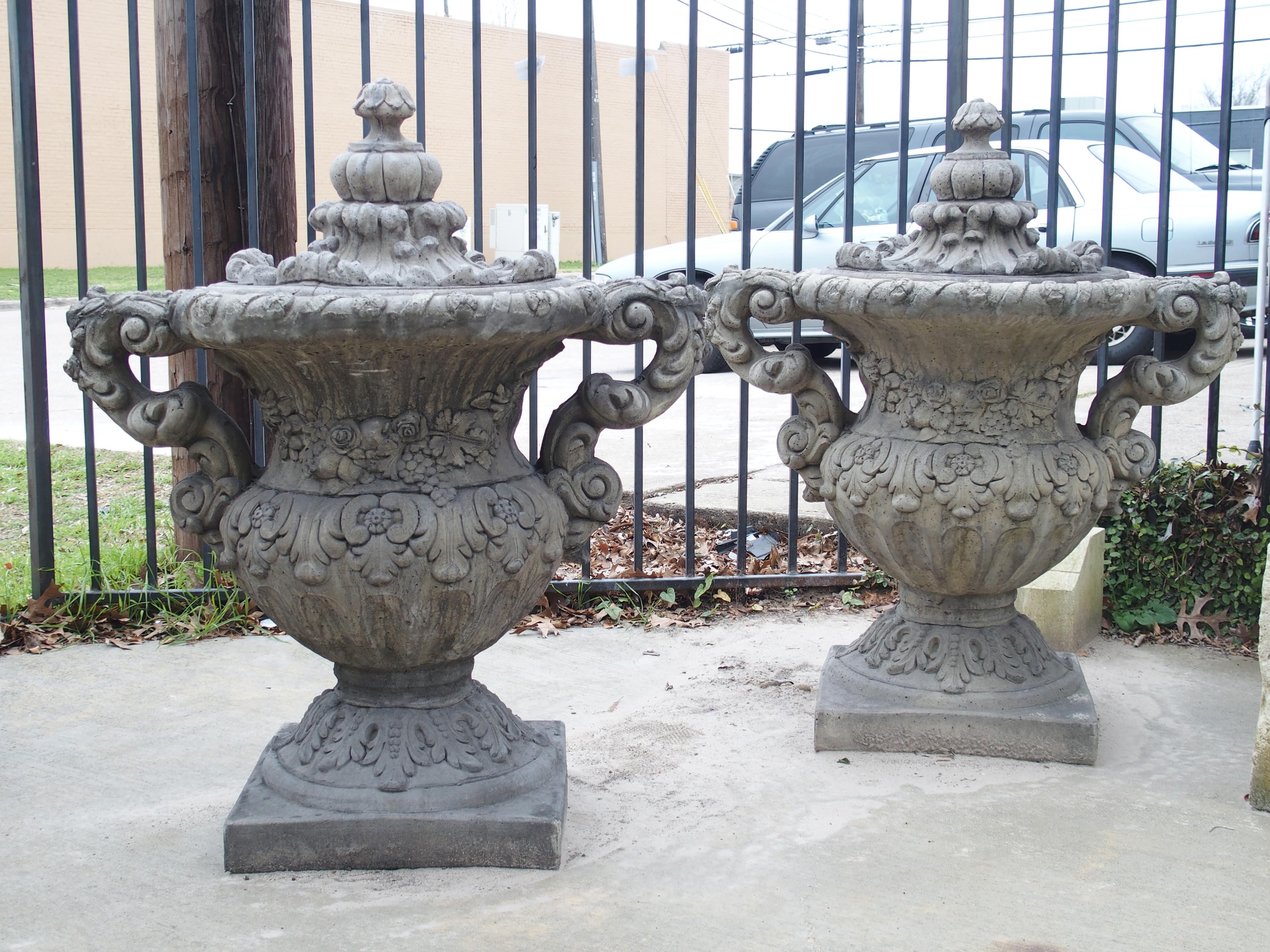 Pair of Cast Renaissance Style Lidded Outdoor Vases from France 1