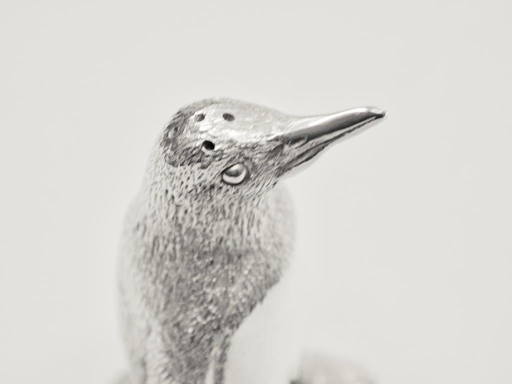 European Pair of Cast Silver Penquin Pepper and Salt Shakers, Richard Comyns, London, 1992