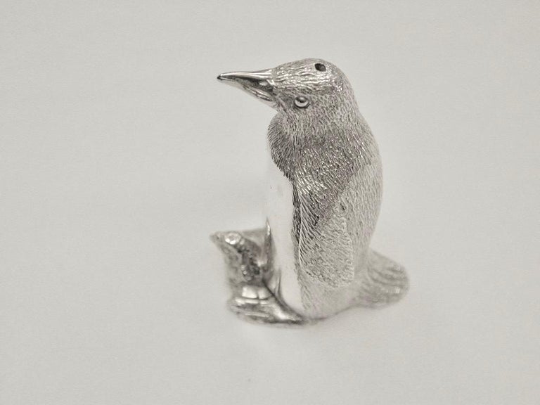 Late 20th Century Pair of Cast Silver Penquin Pepper and Salt Shakers,Richard Comyns,London,1992
