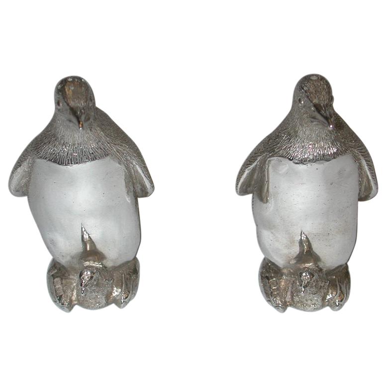 Pair of Cast Silver Penquin Pepper and Salt Shakers, Richard Comyns, London, 1992