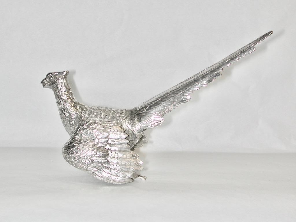 Modern Pair Of Cast Silver Pheasants Dated 1973 London David Shure  For Sale