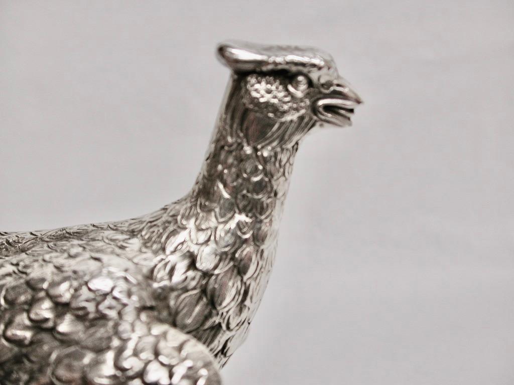 English Pair Of Cast Silver Pheasants Dated 1973 London David Shure  For Sale