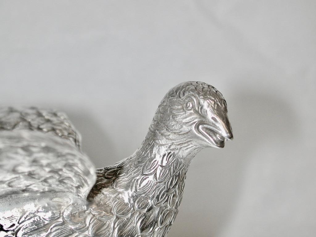 Late 20th Century Pair Of Cast Silver Pheasants Dated 1973 London David Shure  For Sale