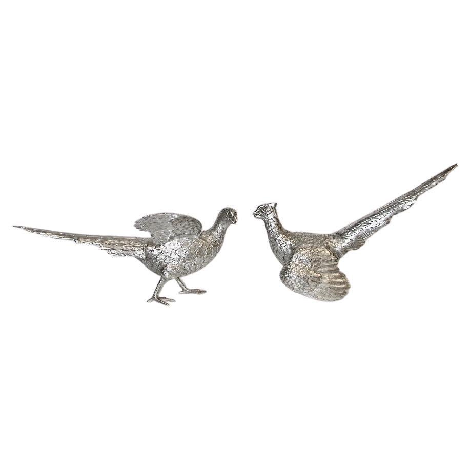Pair Of Cast Silver Pheasants Dated 1973 London David Shure  For Sale