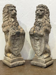 Pair of Cast Stone Armorial Lion Garden Statues from England - Two Available