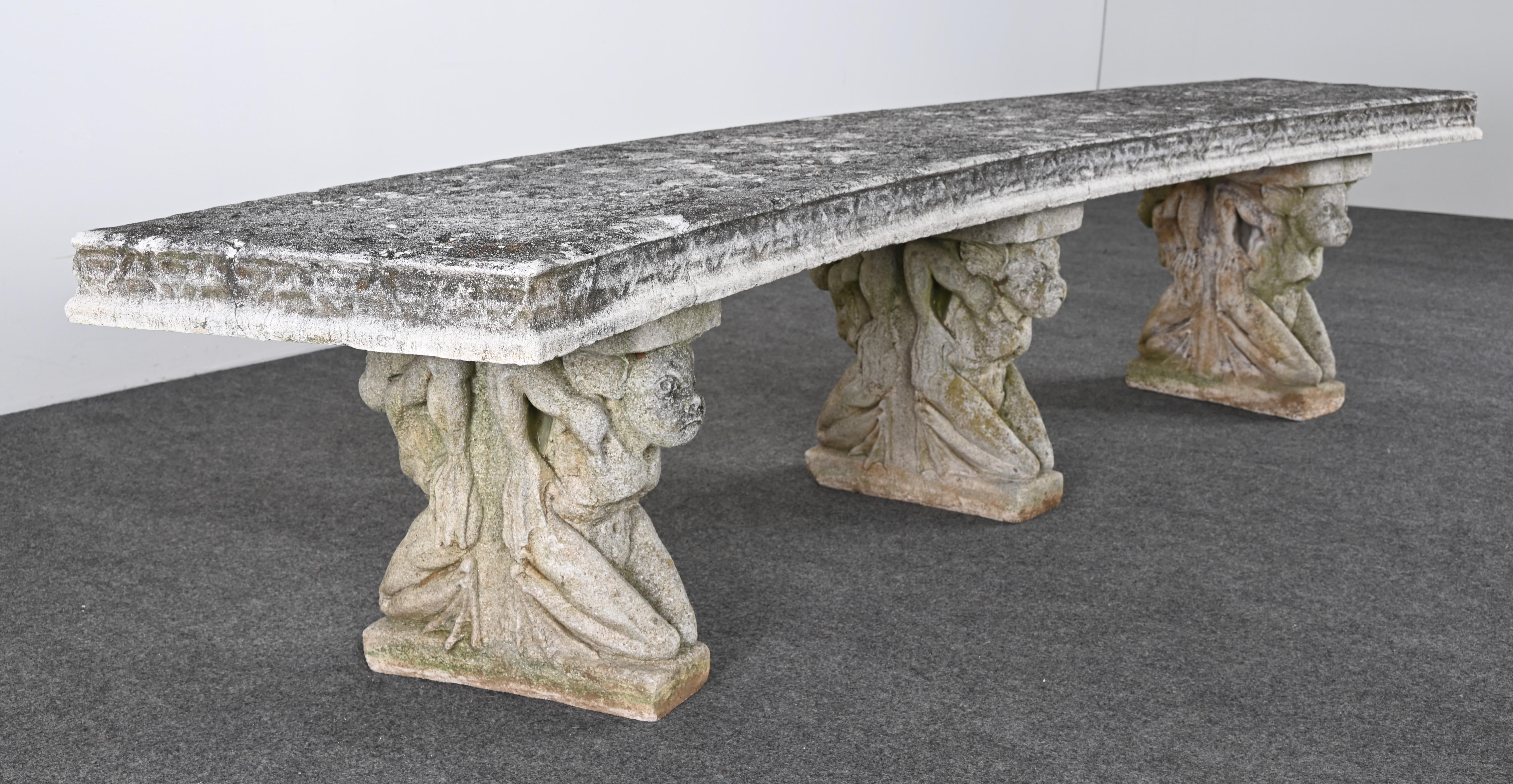 An amazing matched pair of monumental garden benches from the Philadelphia Glencoe Mansion Estate. If you want a piece of history from the Main Line Bryn Mawr Philadelphia estate look no further. This pair of benches are decorated with allegorical