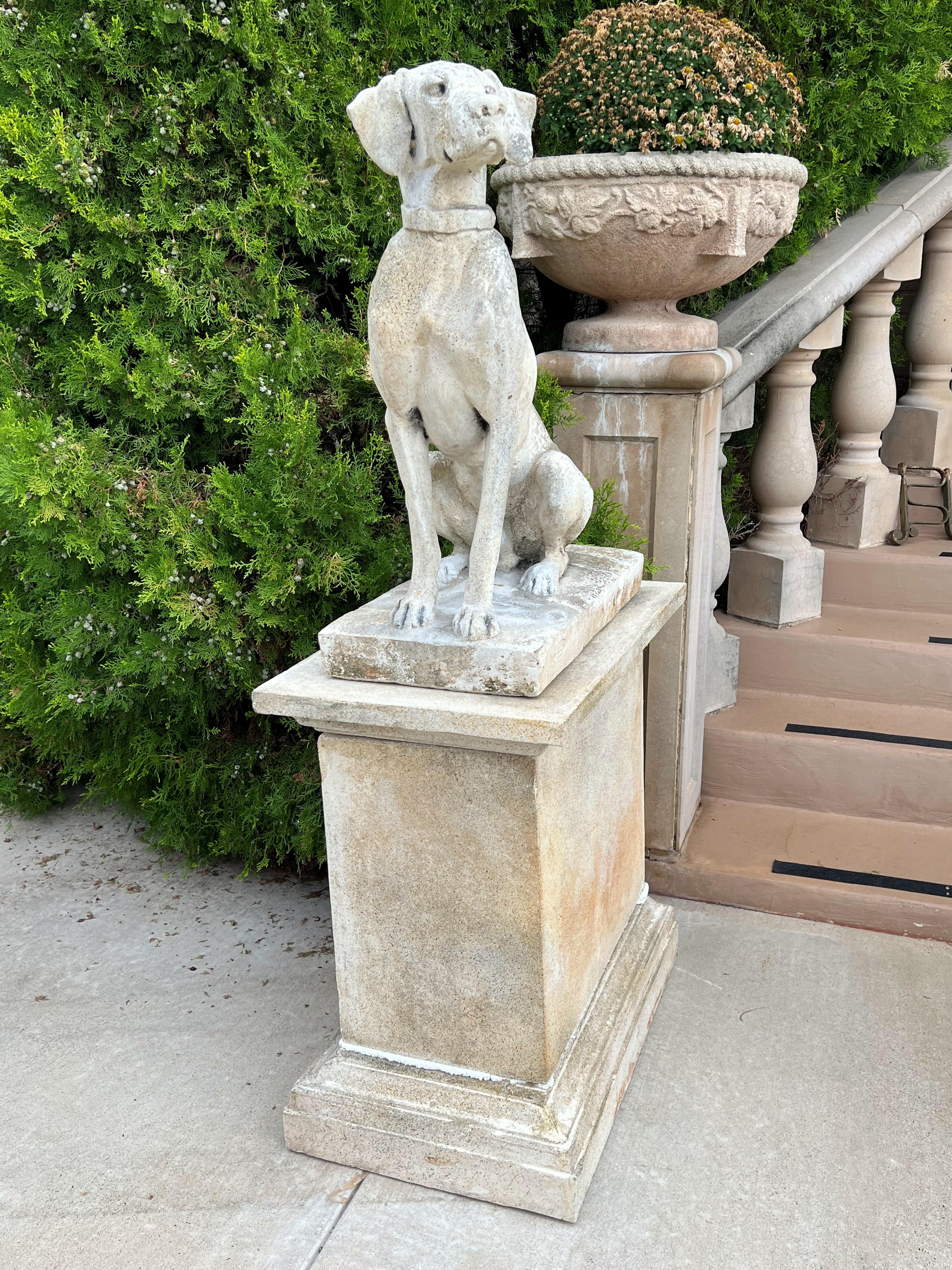 This is a pair of reconstituted cast stone hunting dog statues with matching three-piece pedestals. Unlike other dog statues on the market, these have incredible lifelike detail due to the fact they are from a mold that is a direct cast from a 140 +