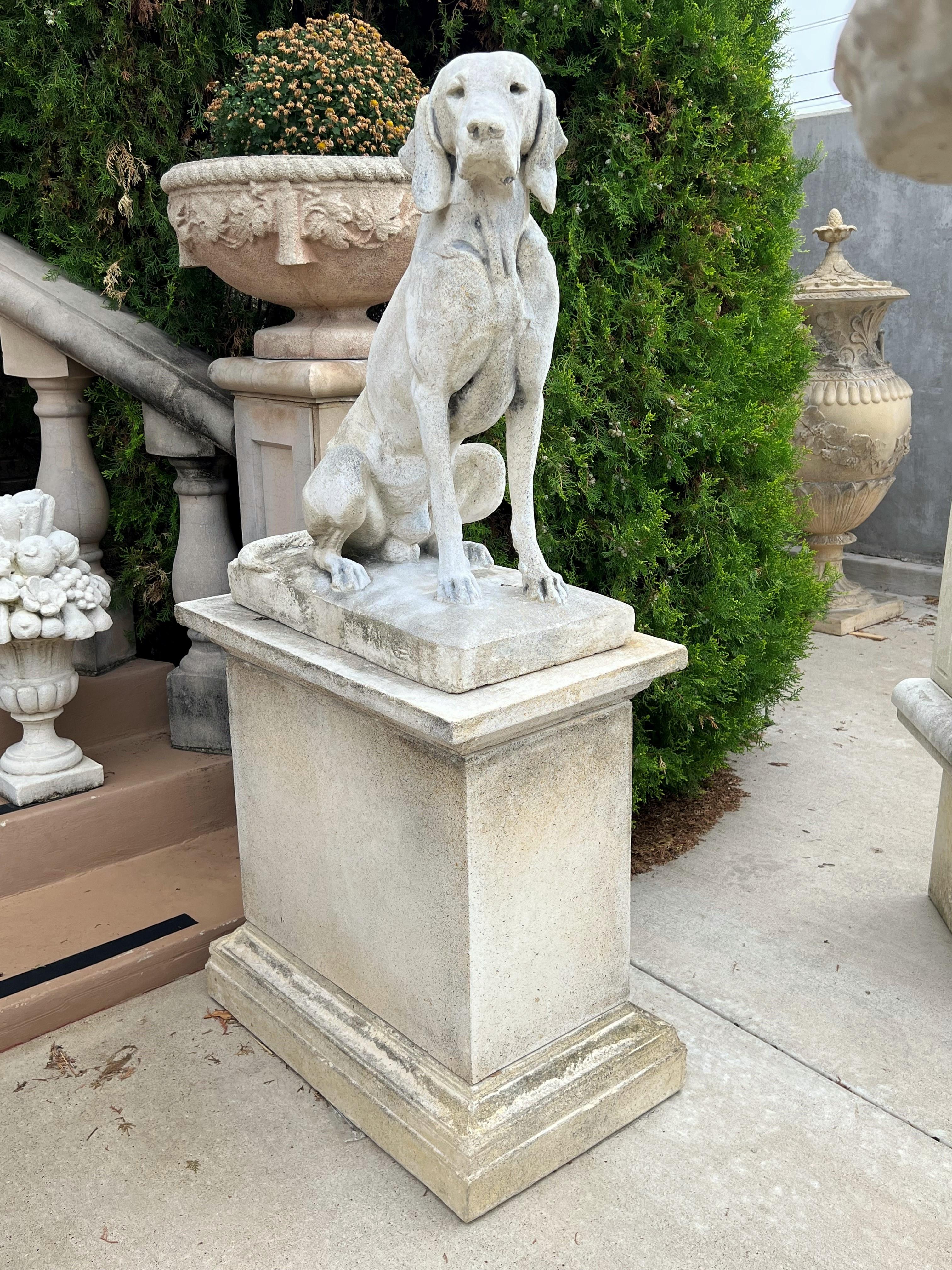 French Pair of Cast Stone European Pointers on Pedestals after Jacquemart Originals