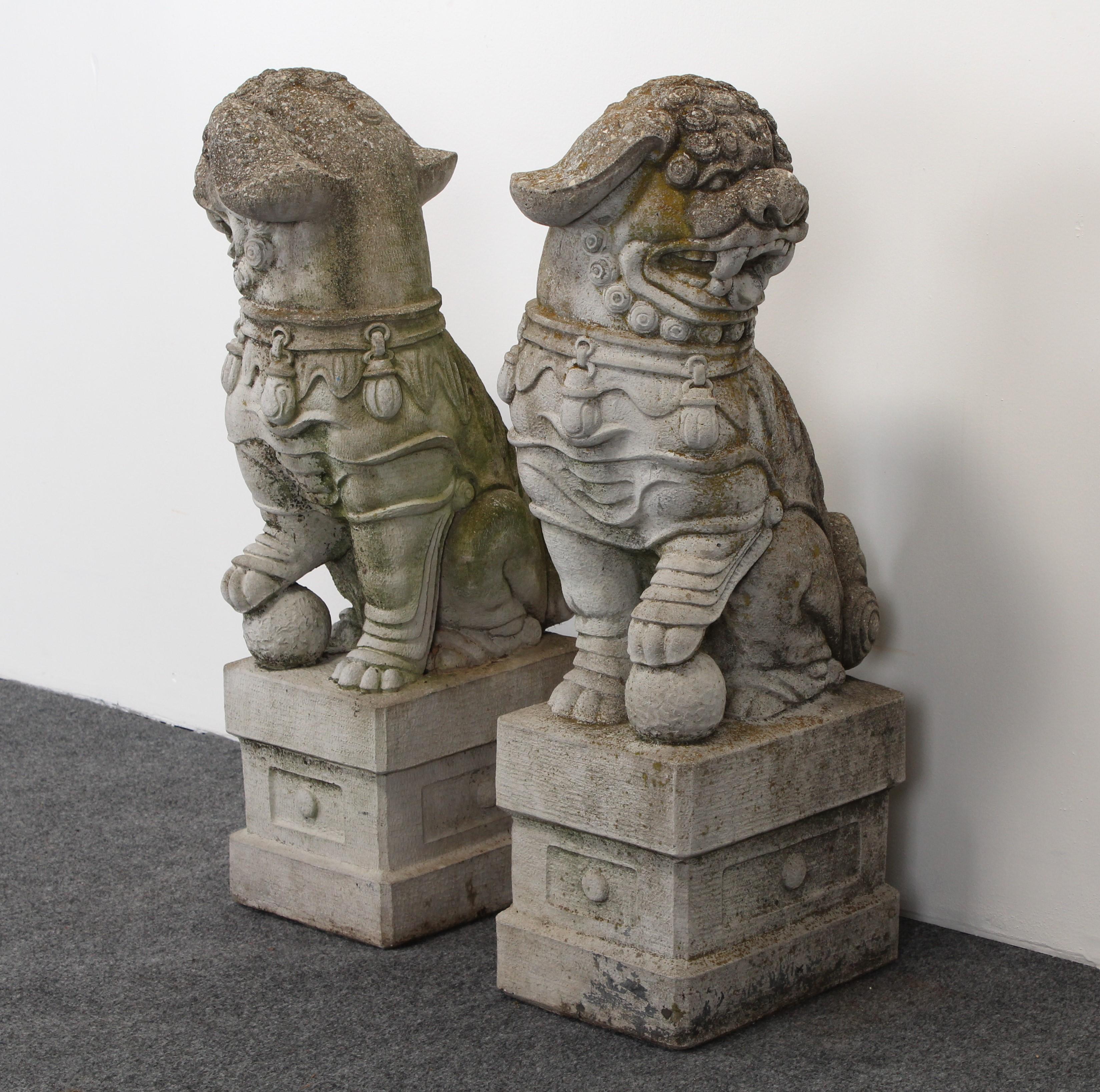 American Pair of Cast Stone Foo Dogs Garden Statues, 1960s