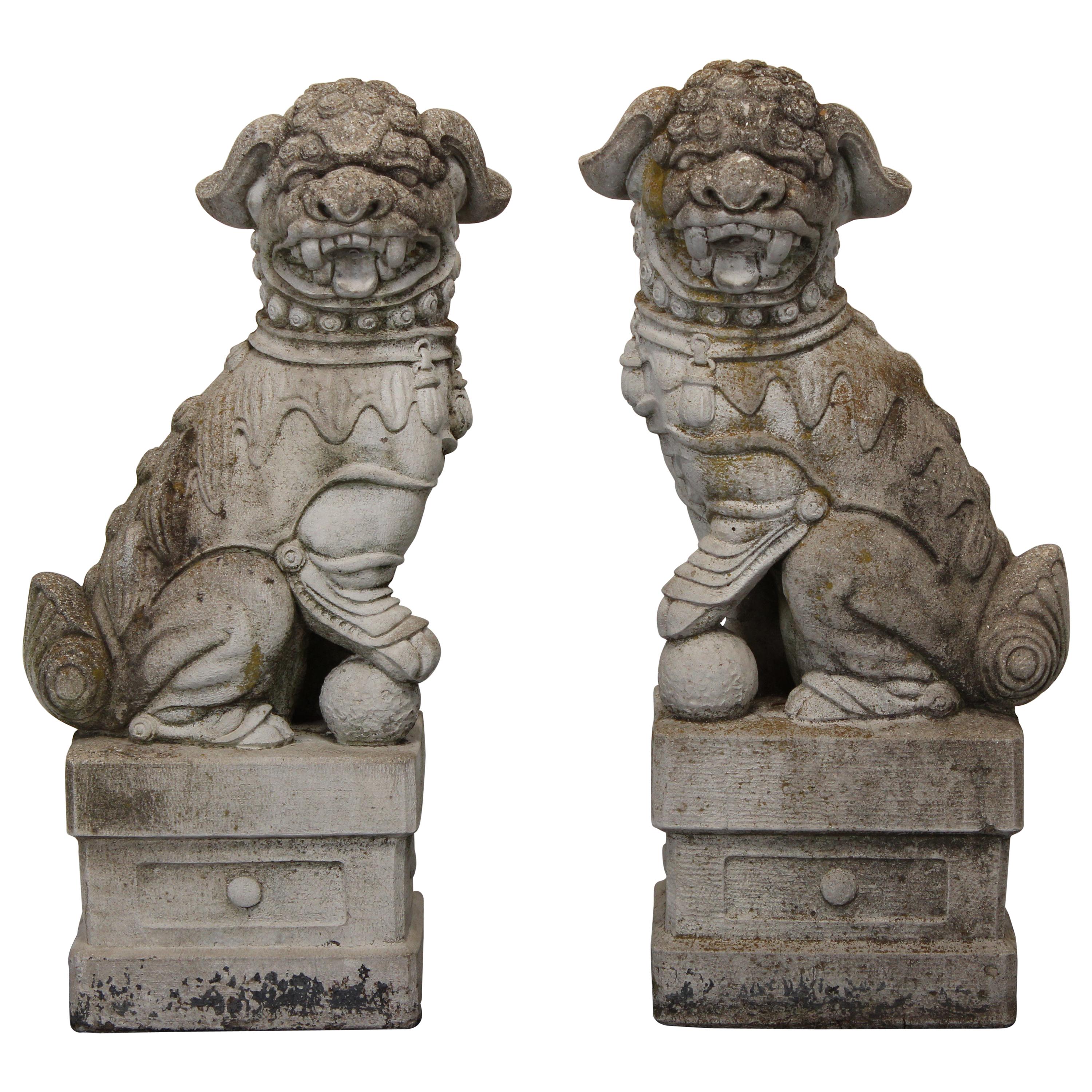 Pair of Cast Stone Foo Dogs Garden Statues, 1960s