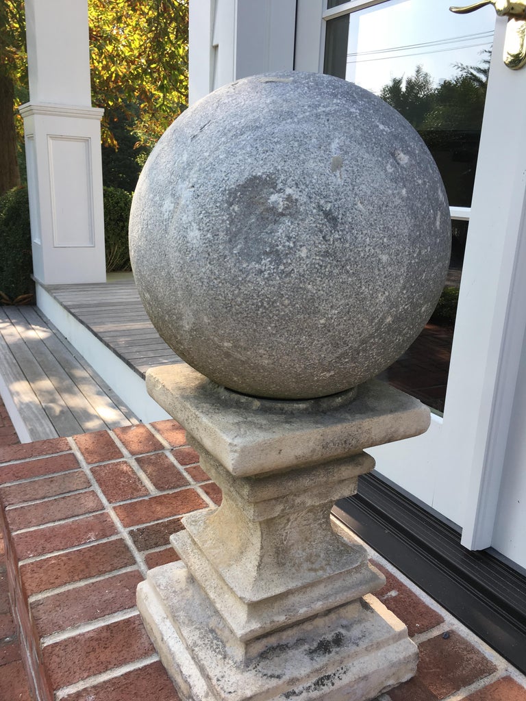 Pair of Cast Stone Garden Balls Atop Stone Pedestals at 1stdibs
