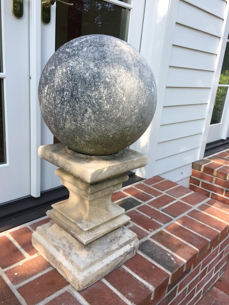 Pair of Cast Stone Garden Balls Atop Stone Pedestals at 1stdibs