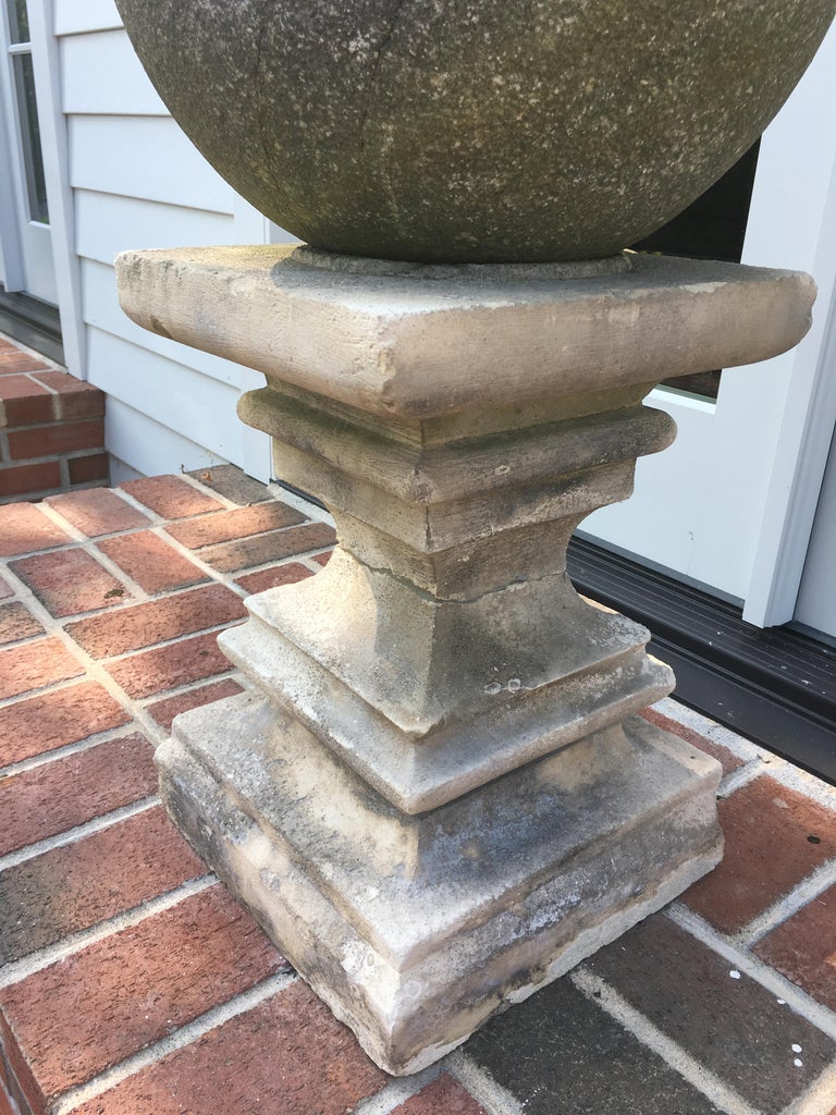 Pair of Cast Stone Garden Balls Atop Stone Pedestals at 1stdibs