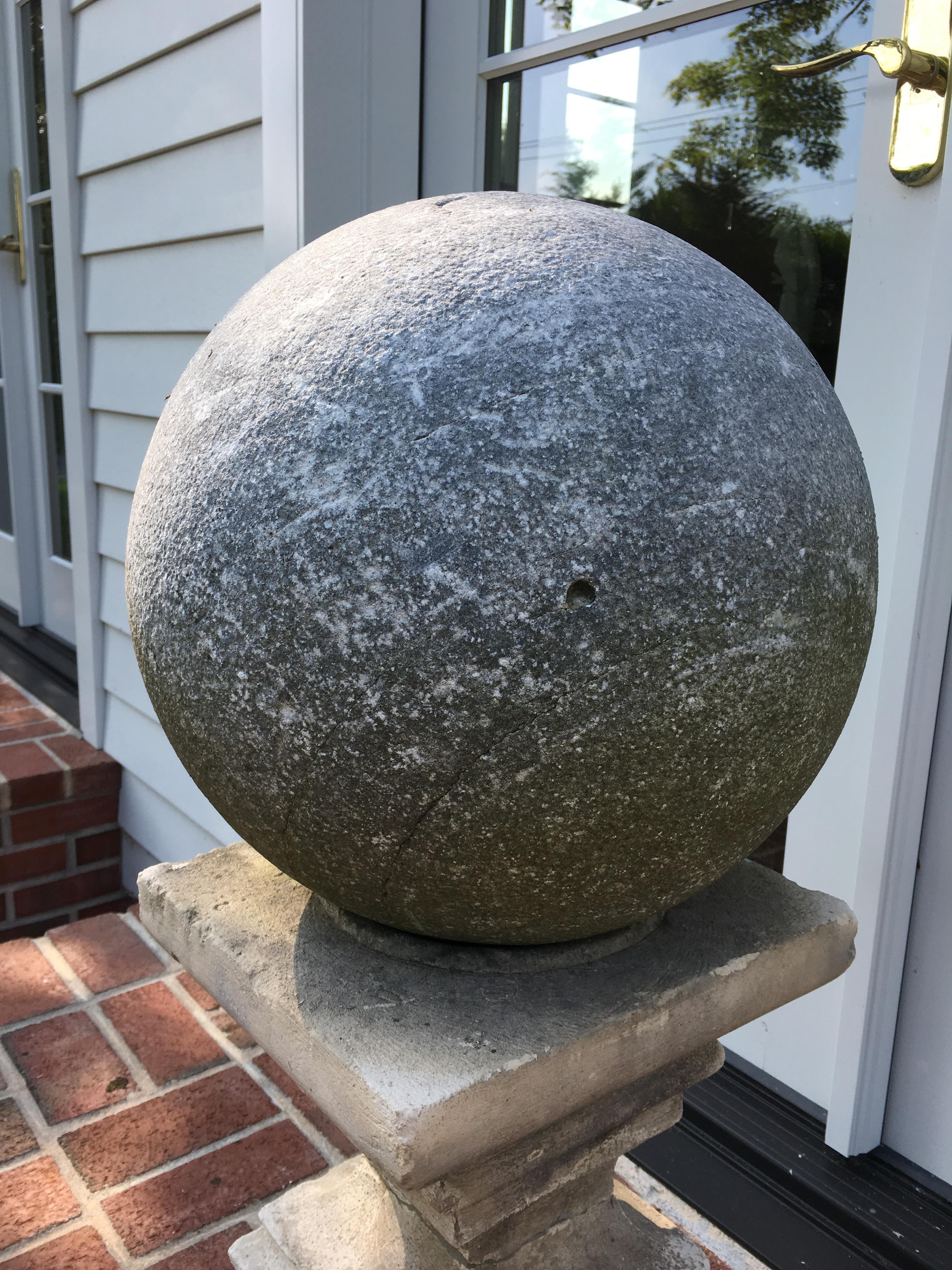 Pair of Cast Stone Garden Balls Atop Stone Pedestals 2