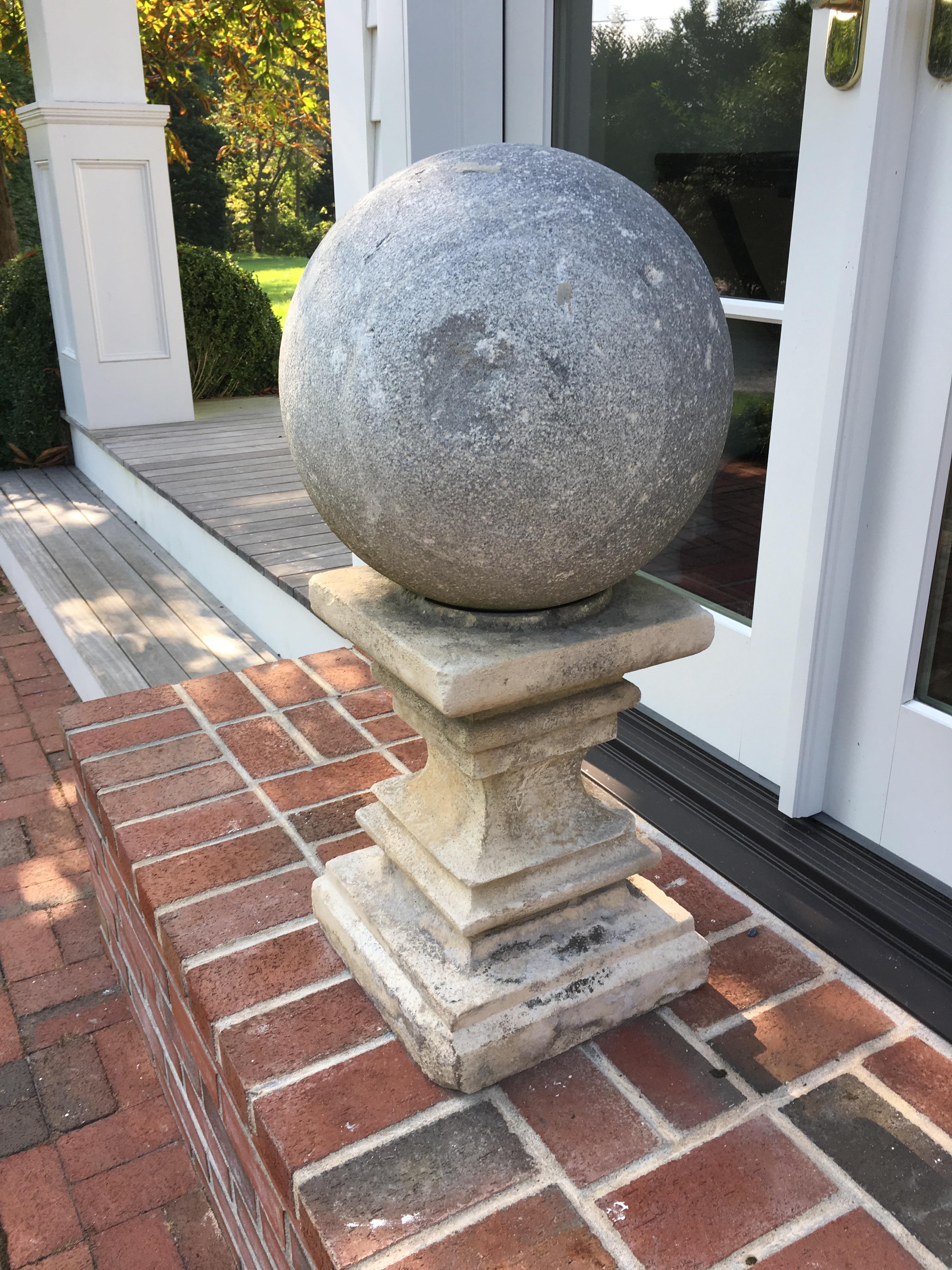 Pair of Cast Stone Garden Balls Atop Stone Pedestals 3