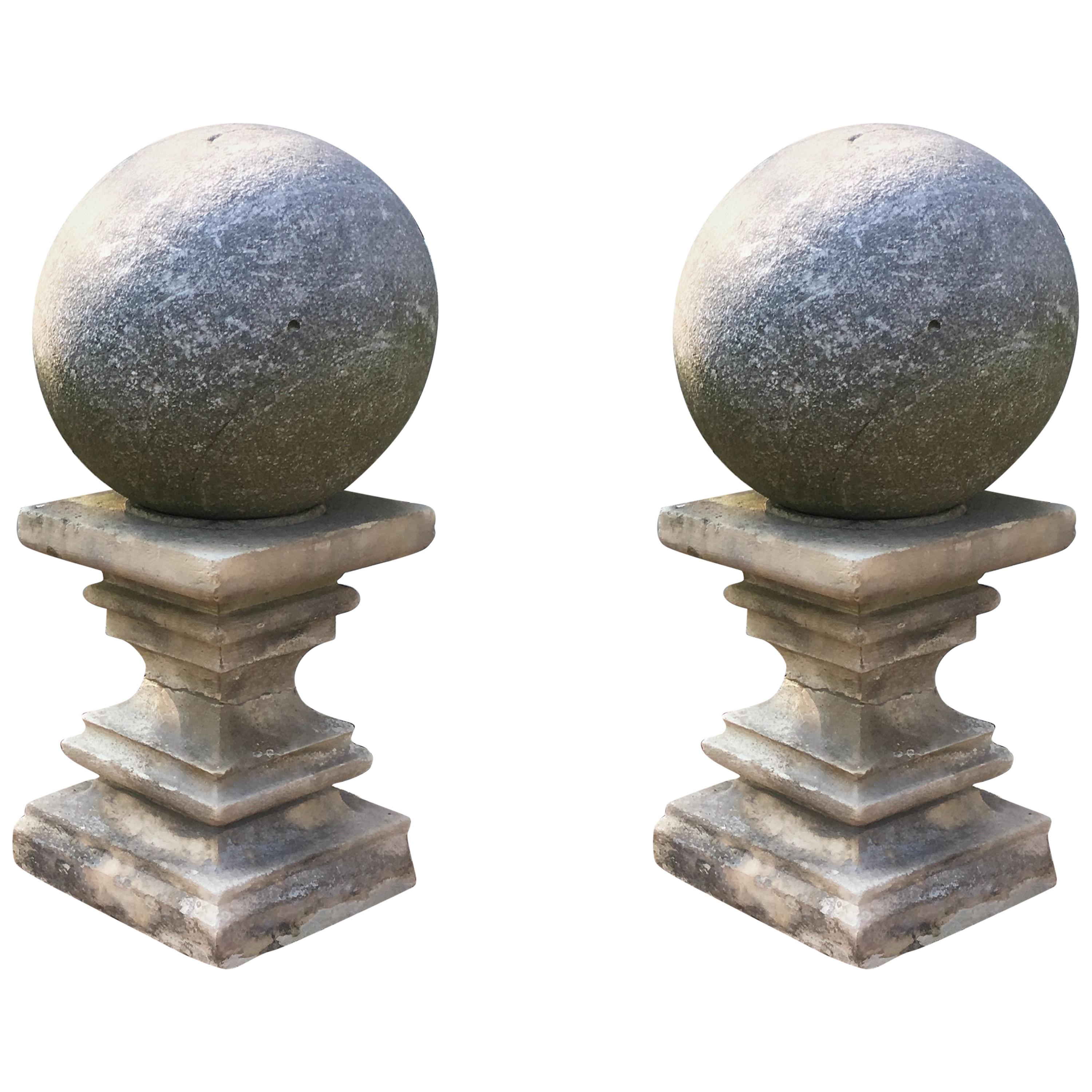 Pair of Cast Stone Garden Balls Atop Stone Pedestals