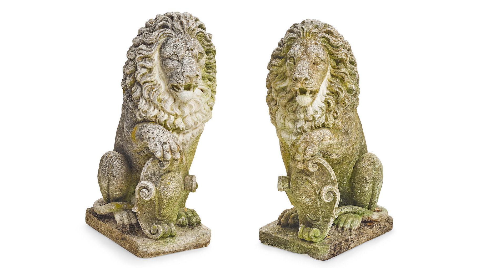 Pair of Cast Stone Garden Lions In Good Condition In Cypress, CA
