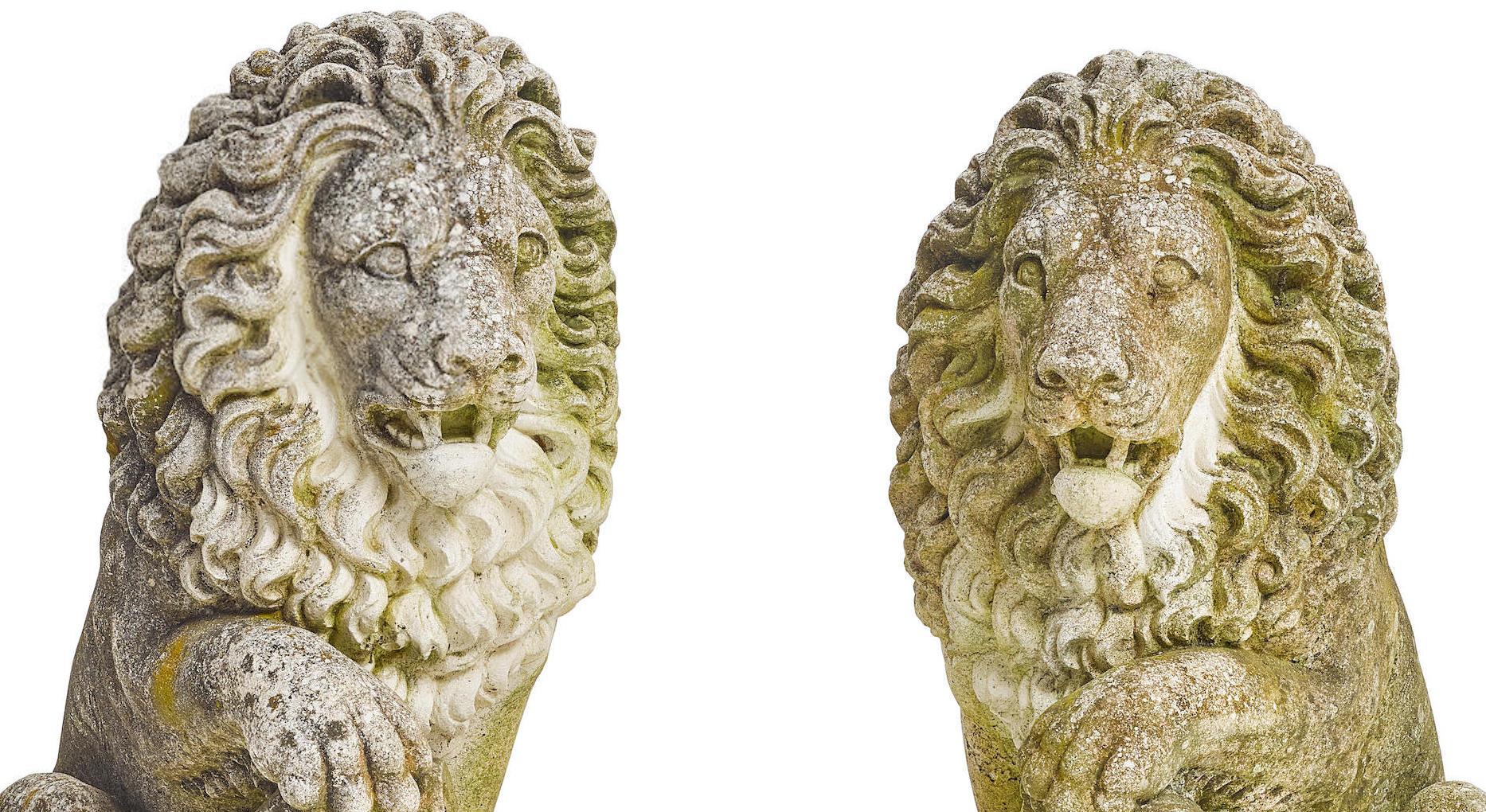 20th Century Pair of Cast Stone Garden Lions