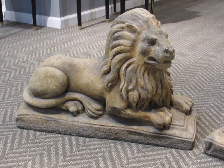 Pair of Cast Stone Garden Lions, Recumbent Lions on Plinth Bases at 1stDibs