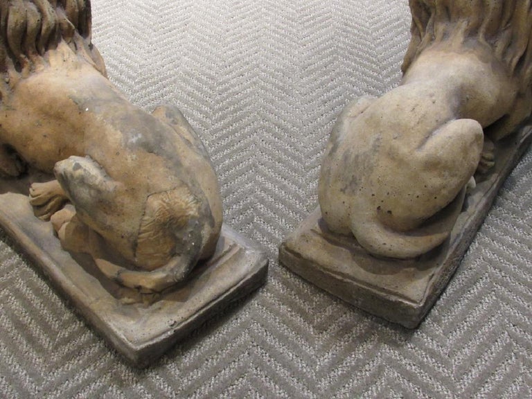 Pair of Cast Stone Garden Lions, Recumbent Lions on Plinth Bases at 1stDibs