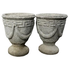 Pair of Cast Stone Greek Key and Swag Relief Urns